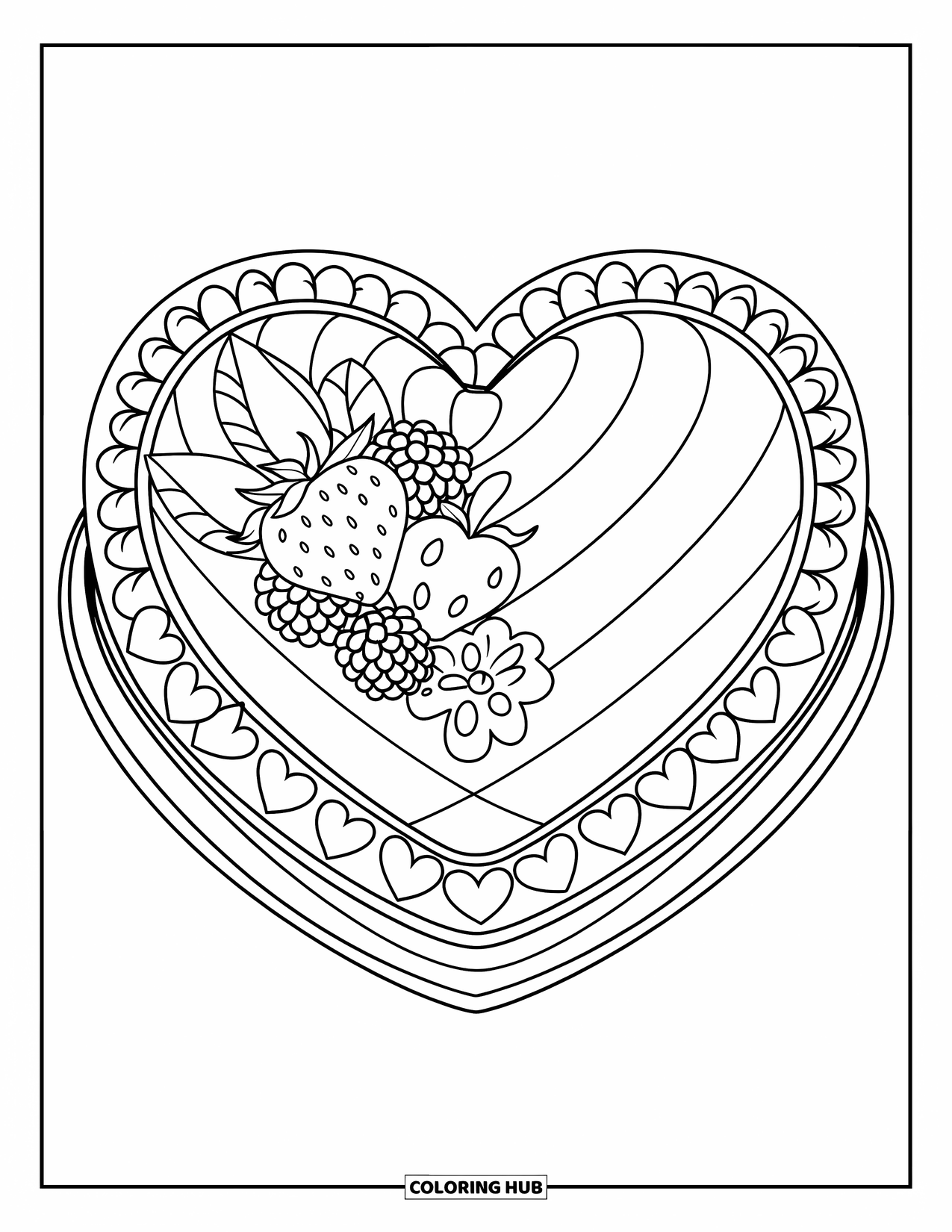 Kleurplaat taart voor kinderen: Een hartvormige taart met gestreepte patronen, fruitgarnering en een rand van harten en bloemen