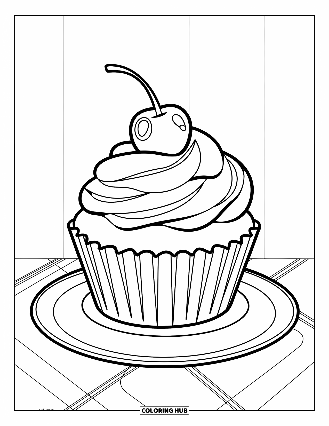 Kleurplaat taart voor kinderen: Een eenvoudige cupcake met een toef glazuur en een kers