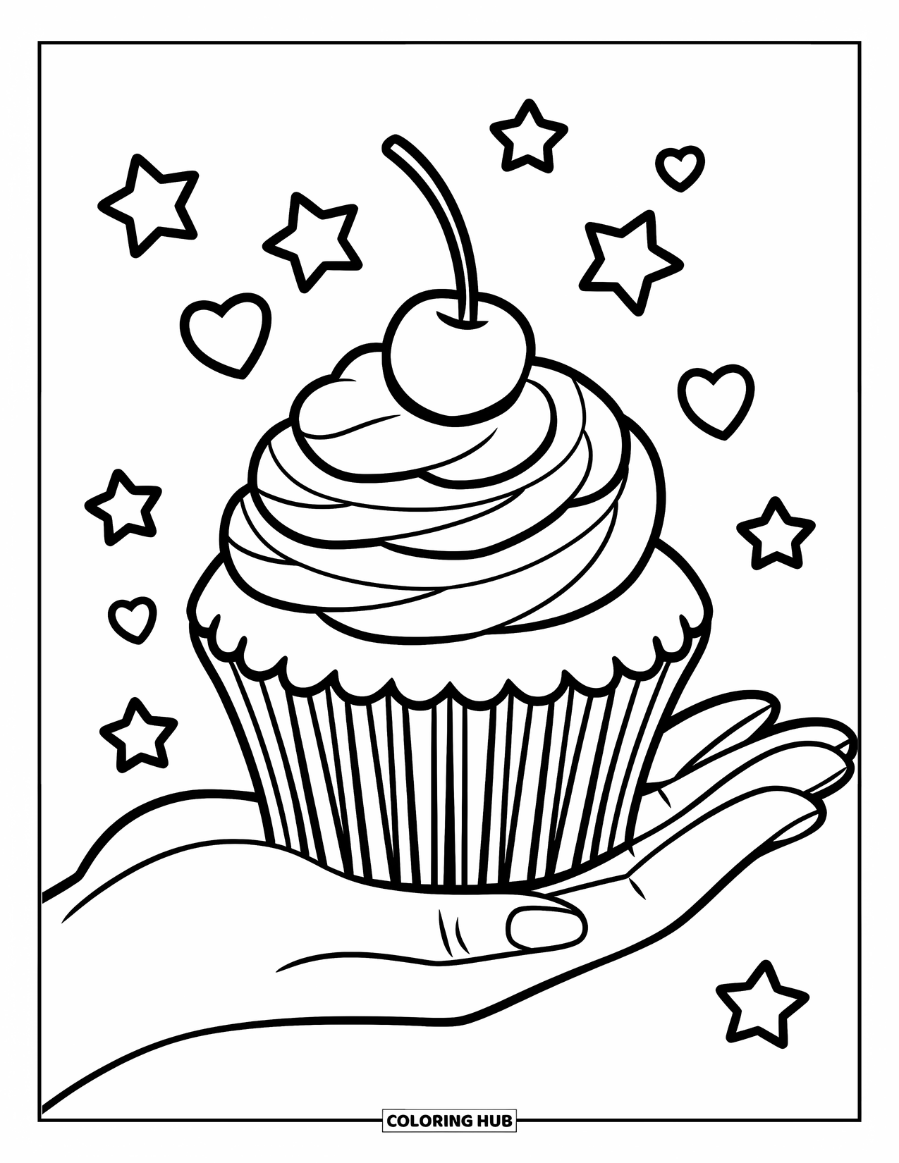 Kleurplaat taart voor kinderen: Een eenvoudige cupcake met glazuur en een kers, vastgehouden door een hand met sterren en harten