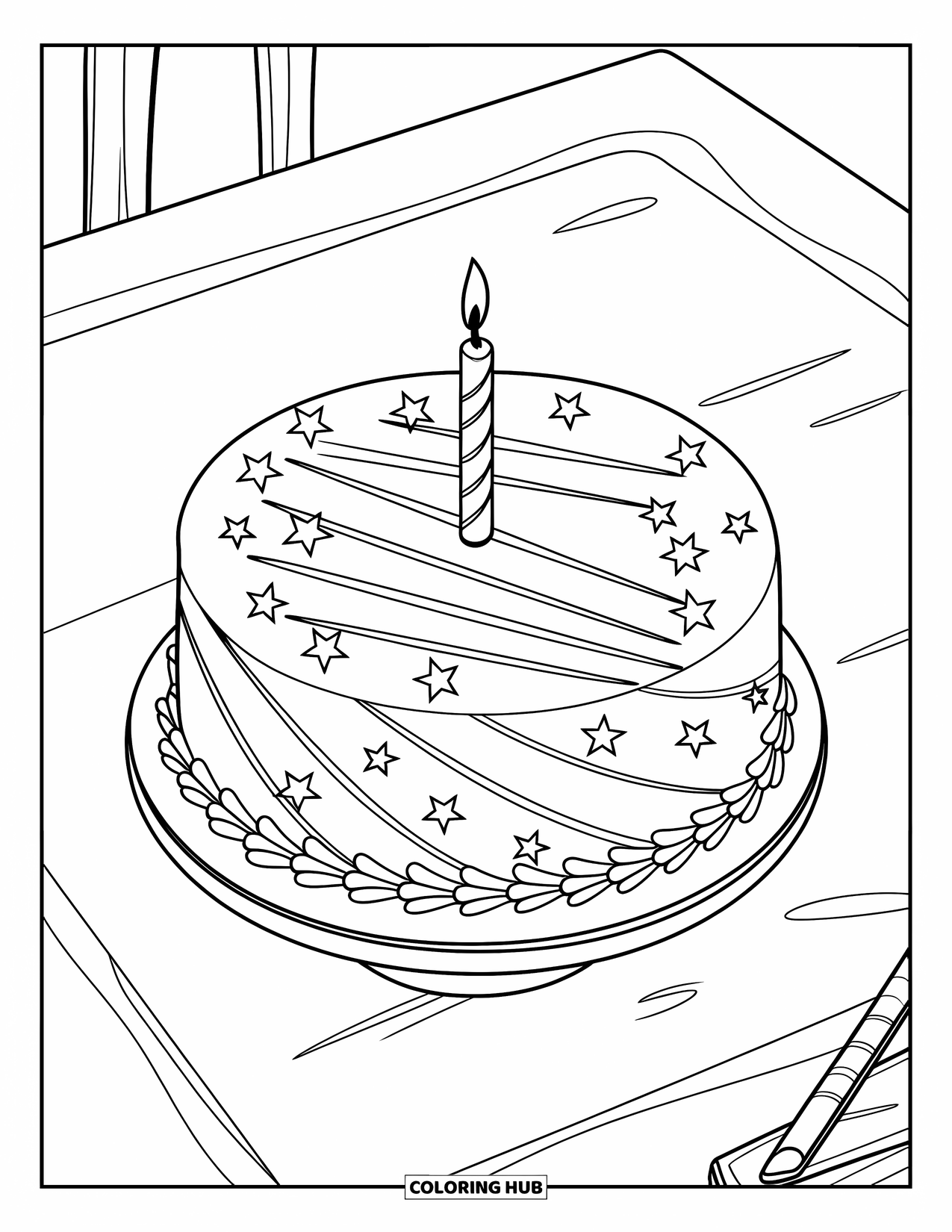 Kleurplaat taart voor kinderen: Een ronde taart met diagonale versiering, een kaars en verspreide sterren op een standaard