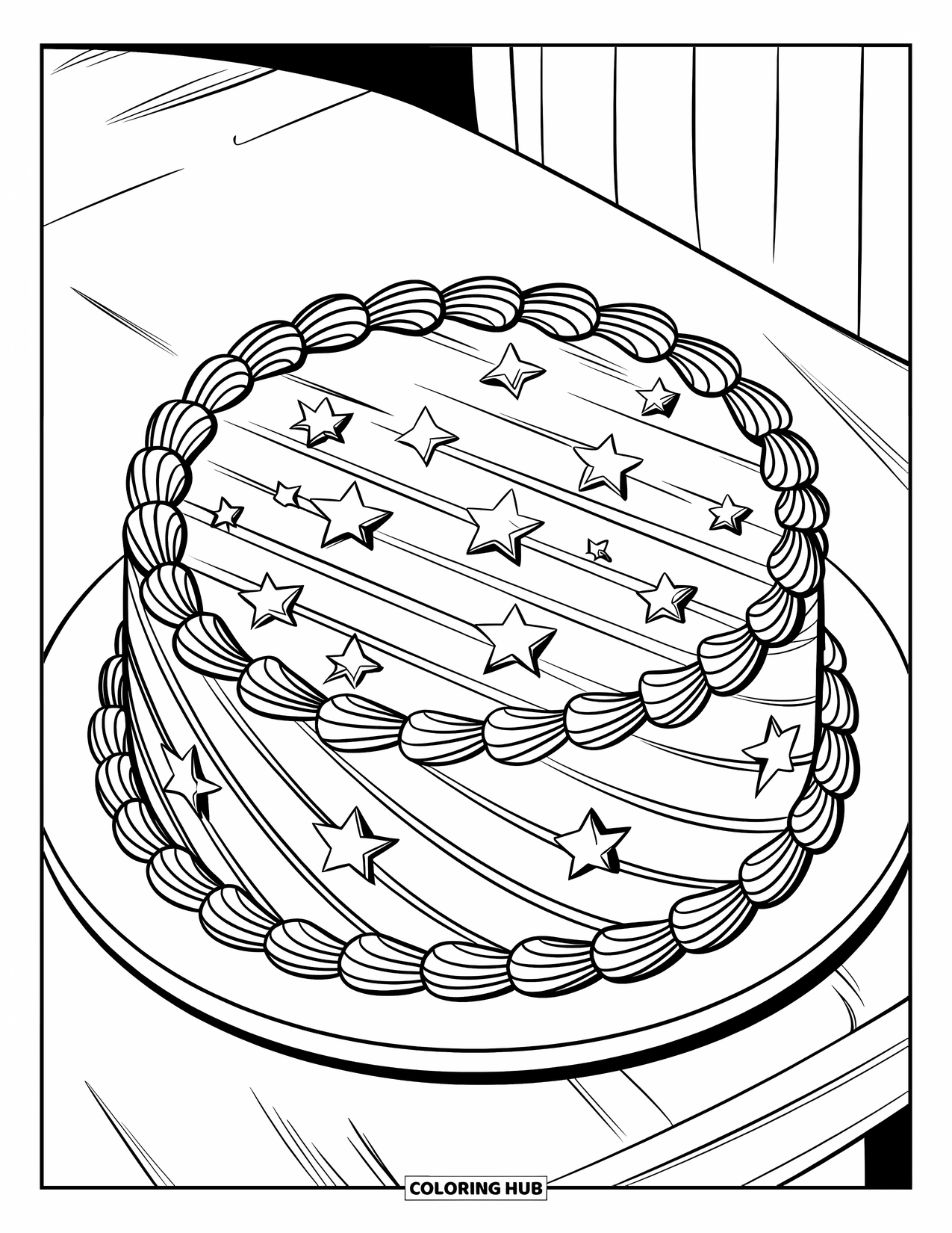 Kleurplaat taart voor kinderen: Een ronde taart met diagonale versiering en verspreide sterren op een bord