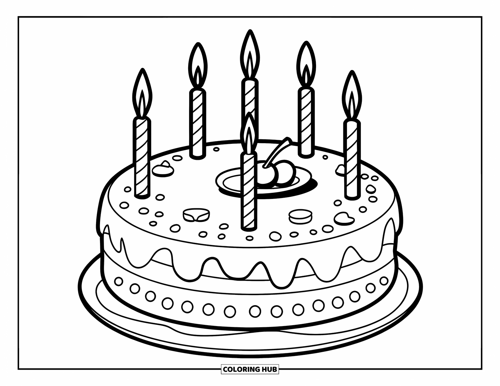 Kleurplaat van een taart voor kinderen: Een ronde taart met vier kaarsen, decoratieve elementen en een kers erop
