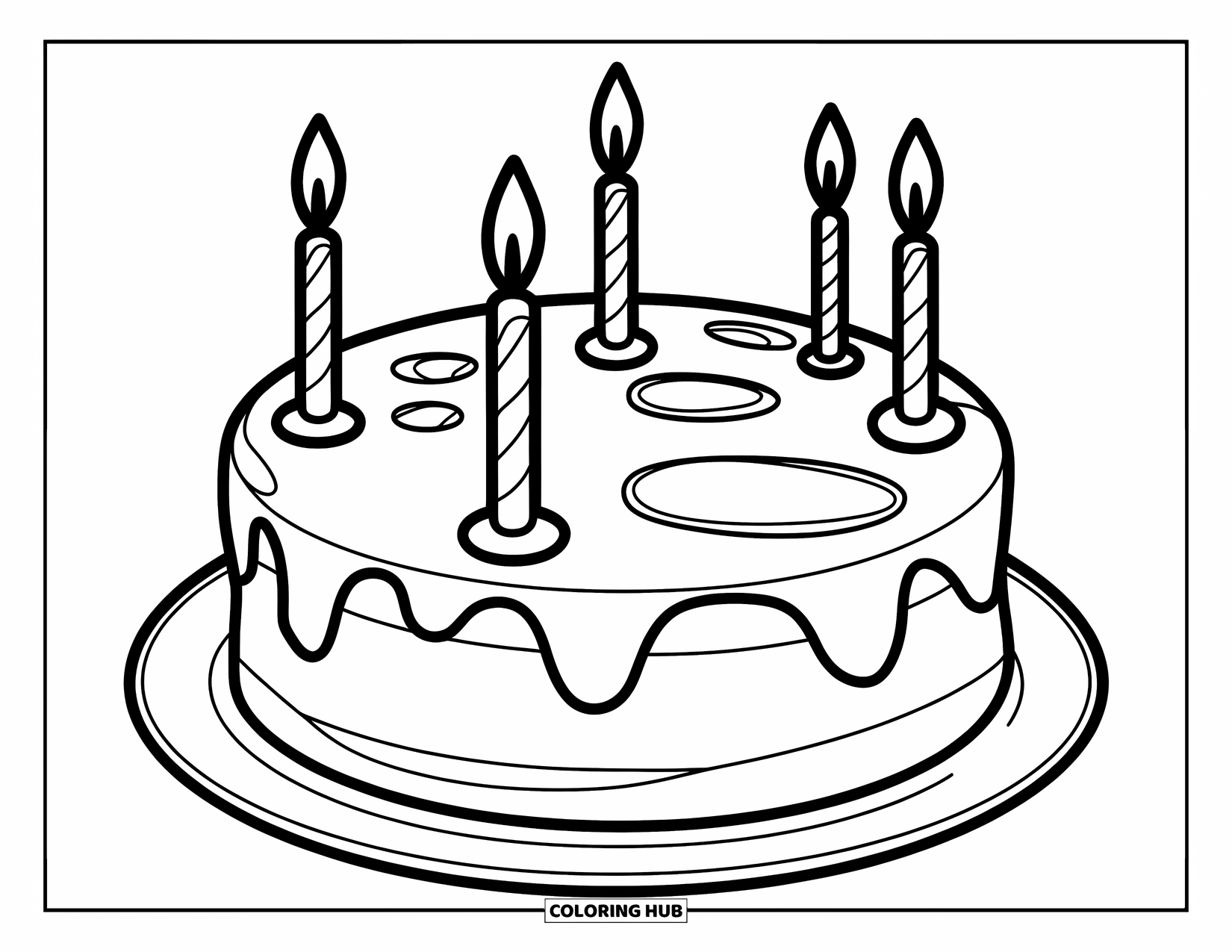 Kleurplaat taart voor kinderen: Een ronde taart met vier gelijkmatig verdeelde kaarsen en een kleine hoeveelheid glazuur erop