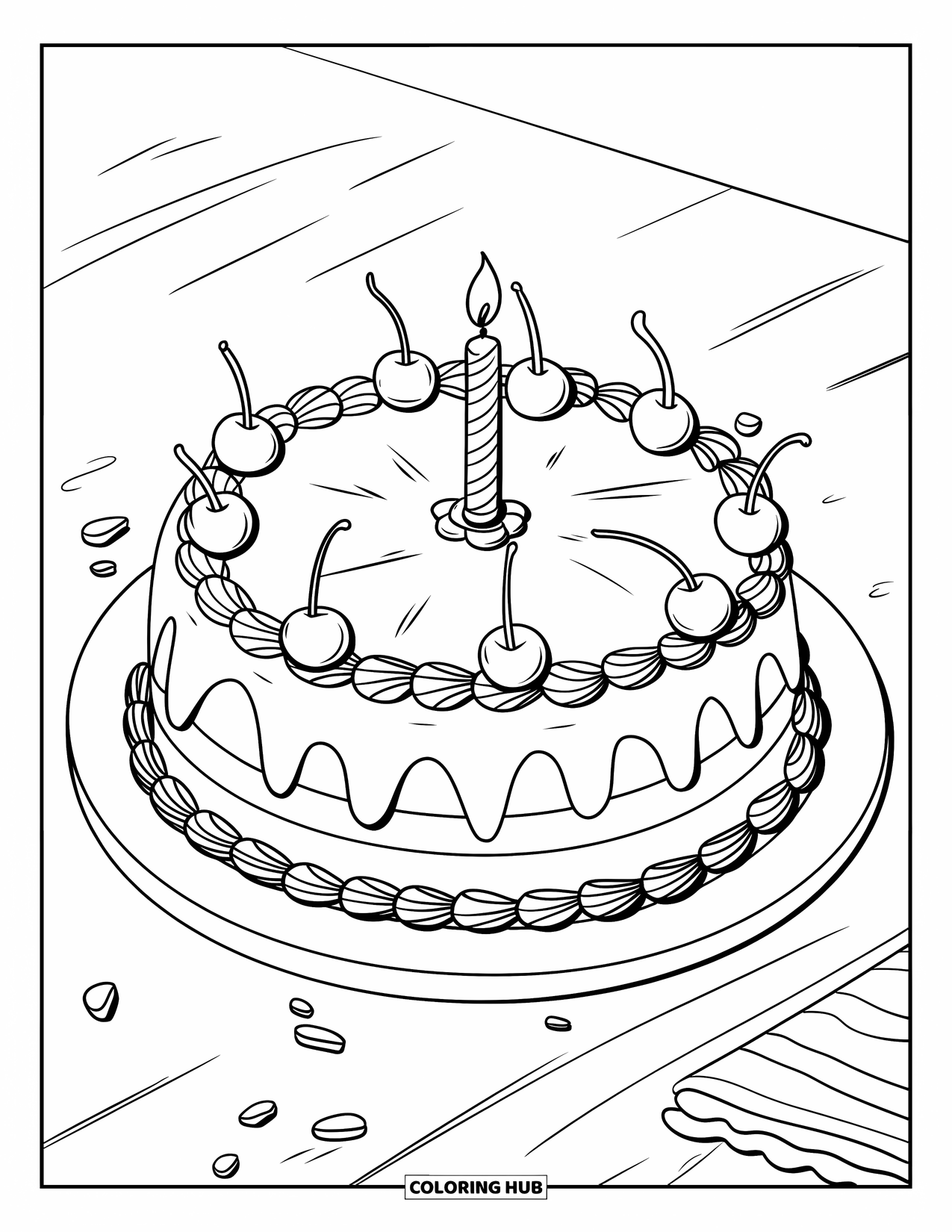 Kleurplaat taart voor kinderen: Een ronde taart met afgezette randen, kersen en een kaars op een bord met kruimels
