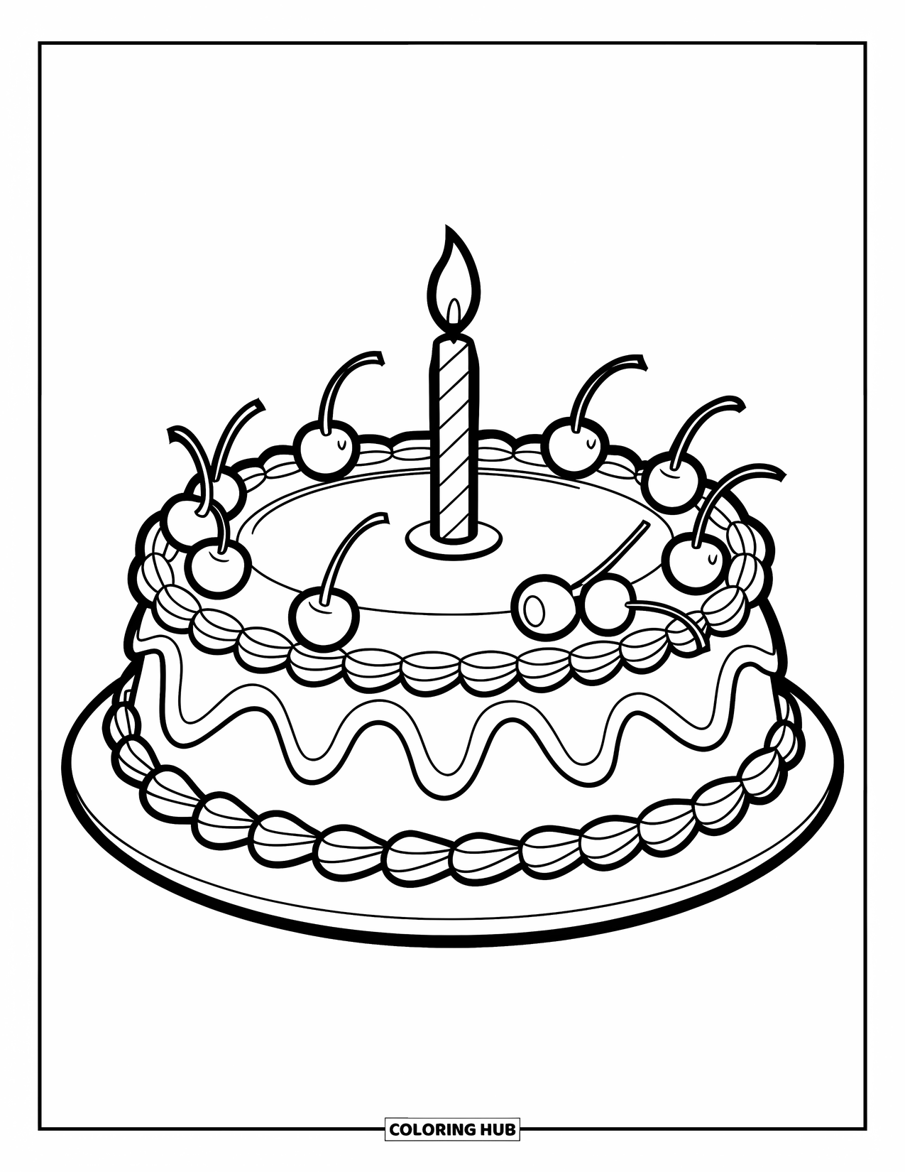 Kleurplaat taart voor kinderen: Een ronde taart met afgezette randen, kersen en een kaars op een bord