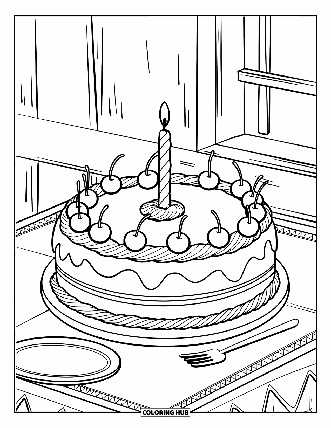 Kleurplaat taart voor kinderen: Een ronde taart met afgezette randen, kersen en een kaars, omringd door een tafel