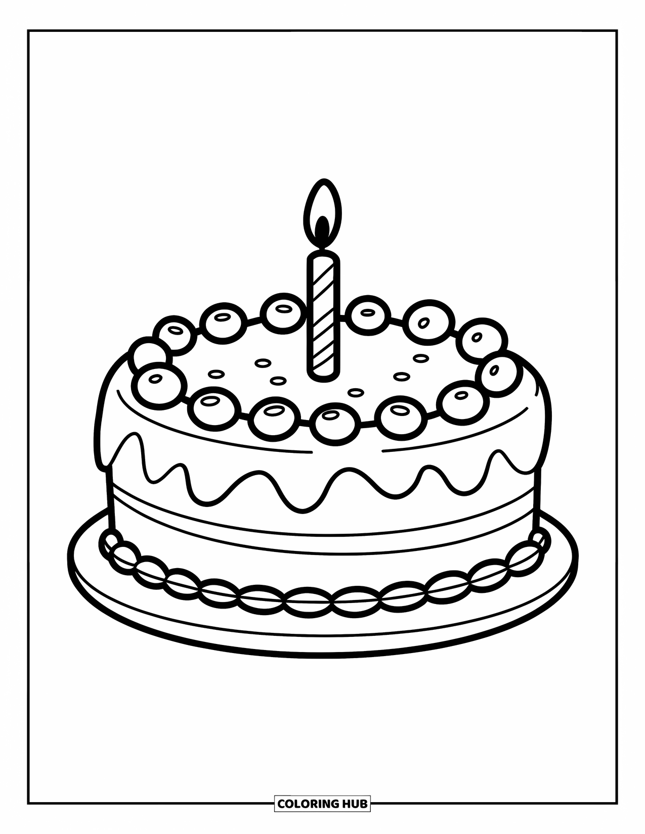 Kleurplaat taart voor kinderen: Een ronde taart met één laag, glad glazuur en één kaars erop
