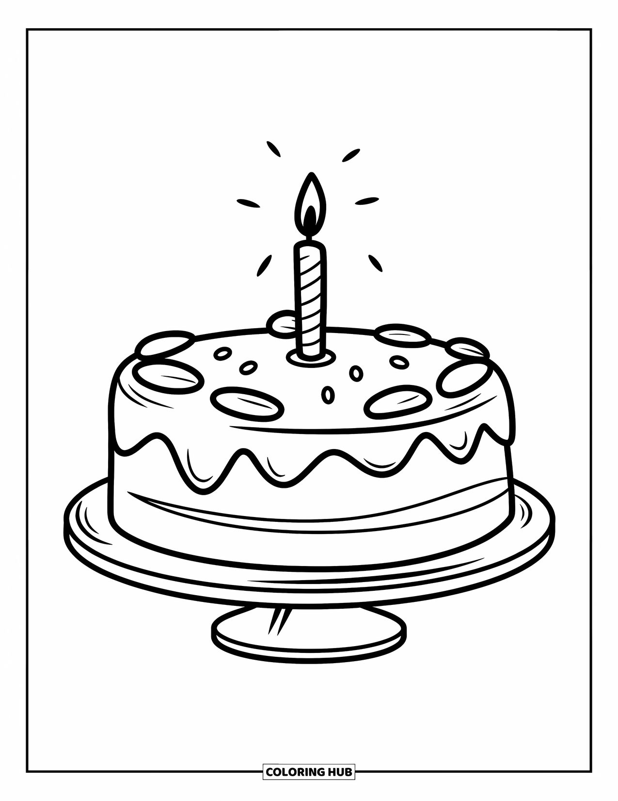 Kleurplaat taart voor kinderen: Een ronde taart met één laag, glad glazuur, één kaars en minimale decoraties op een standaard