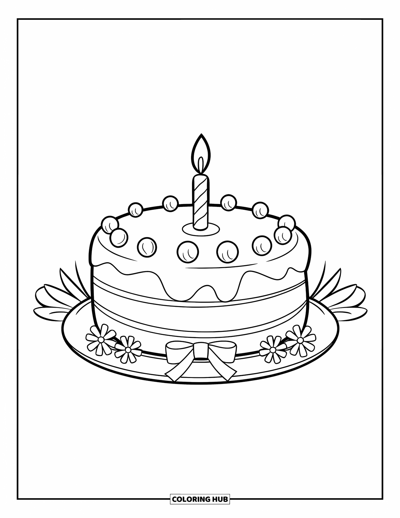 Kleurplaat taart voor kinderen: Een ronde taart met één laag, glad glazuur, één kaars, lint en bloemen op een bord