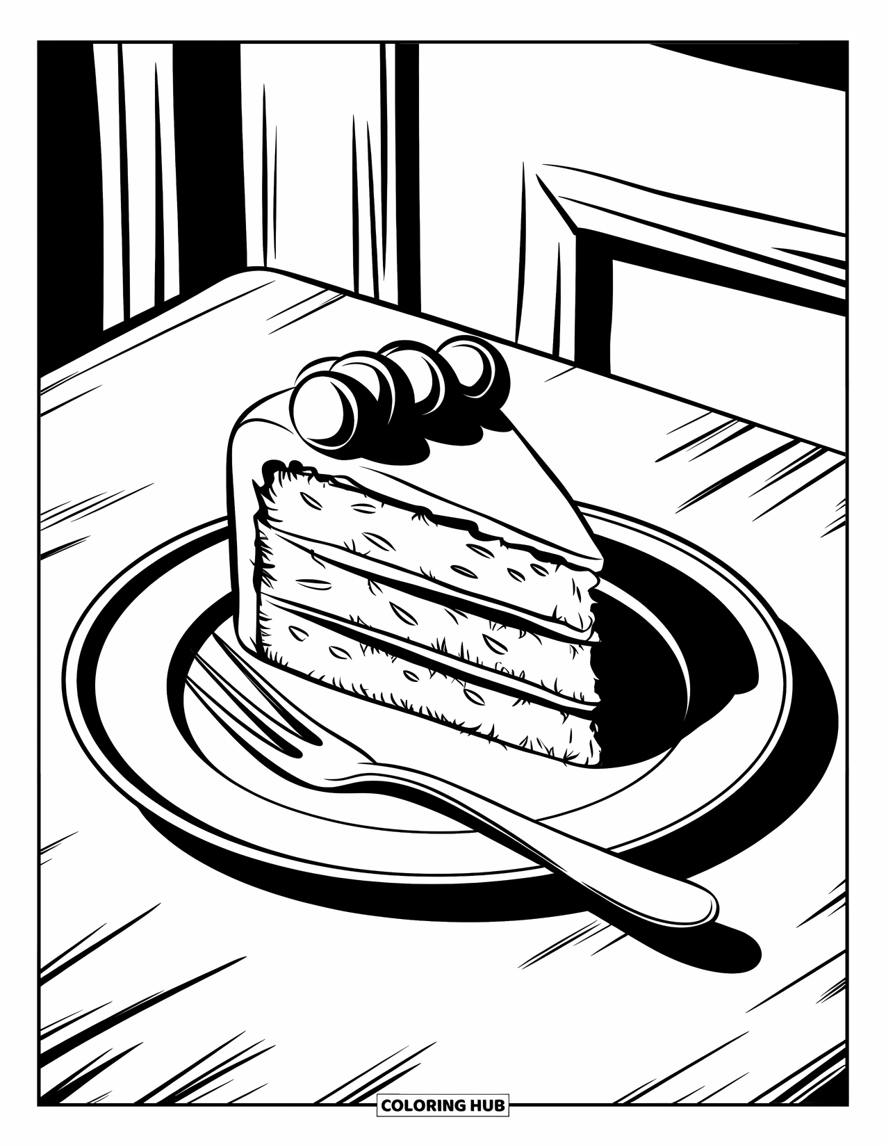 Kleurplaat taart voor kinderen: Een stuk taart op een bord met een vork ernaast, geplaatst op een tafel