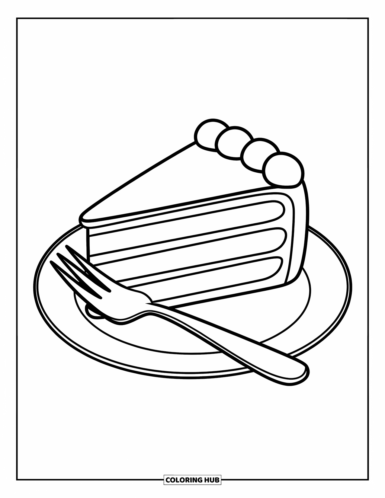 Kleurplaat taart voor kinderen: Een stuk taart op een bord met een vork ernaast