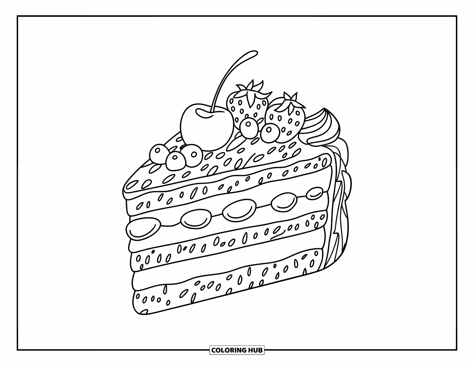 Kleurplaat taart voor kinderen: Een stuk taart gegarneerd met een kers, aardbeien en bosbessen