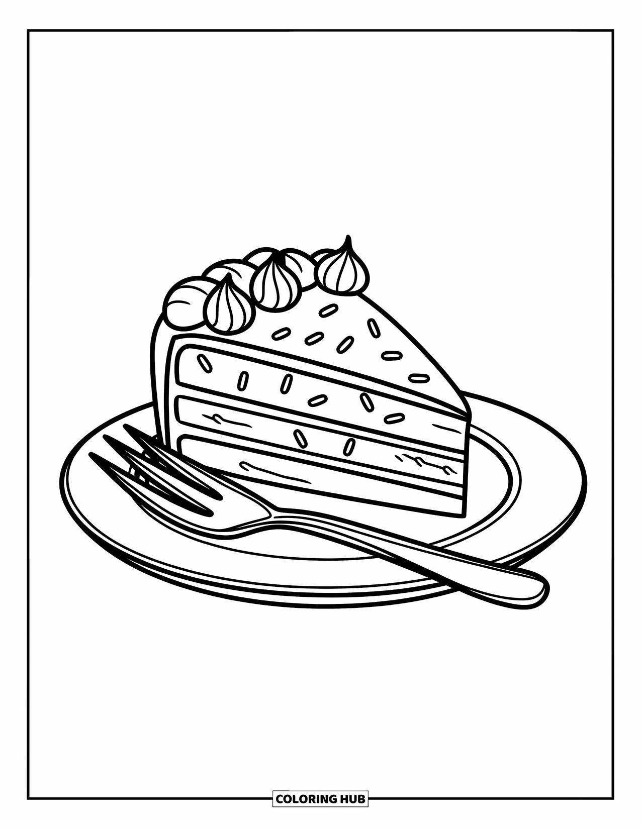 Kleurplaat taart voor kinderen: Een stuk taart met glazuur en spikkels op een bord, met een vork ernaast