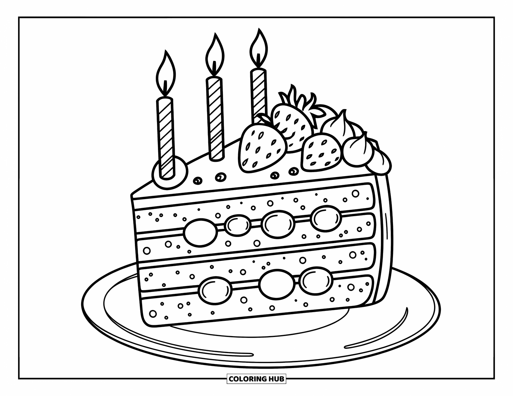 Kleurplaat taart voor kinderen: Een stuk taart met fruit toppings en een brandende kaars op een bord
