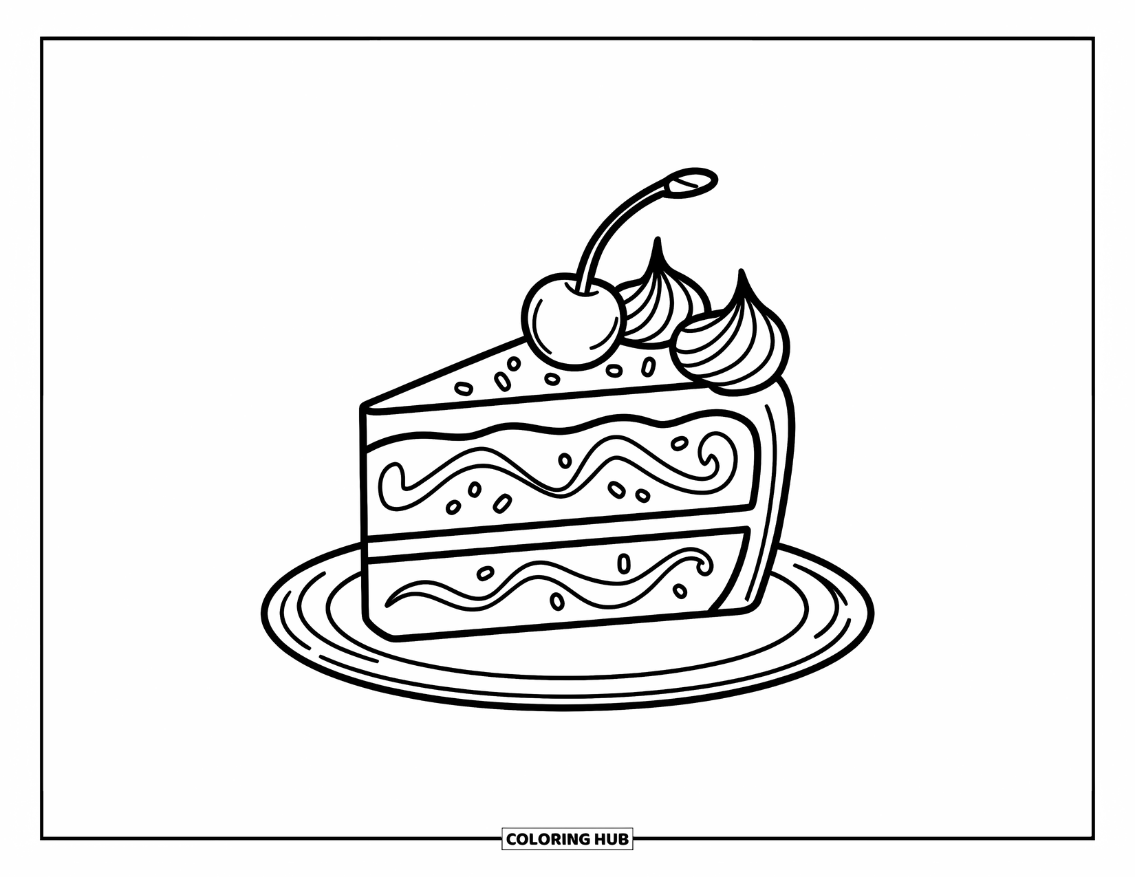 Kleurplaat taart voor kinderen: Een stuk taart met gedraaid glazuur, een kers erop en spikkels op een bord