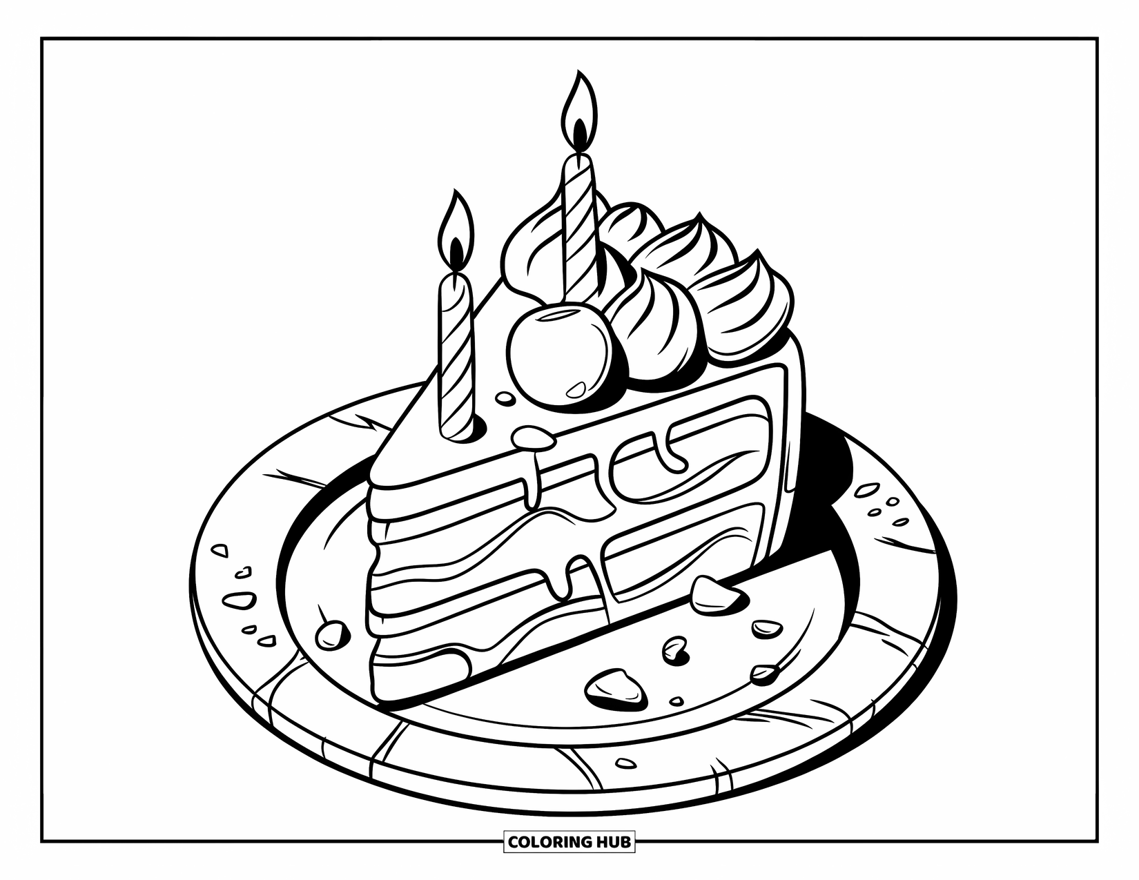 Kleurplaat van een taart voor kinderen: Een stuk taart met gedraaid glazuur, een kers erop en twee kaarsen op het bord