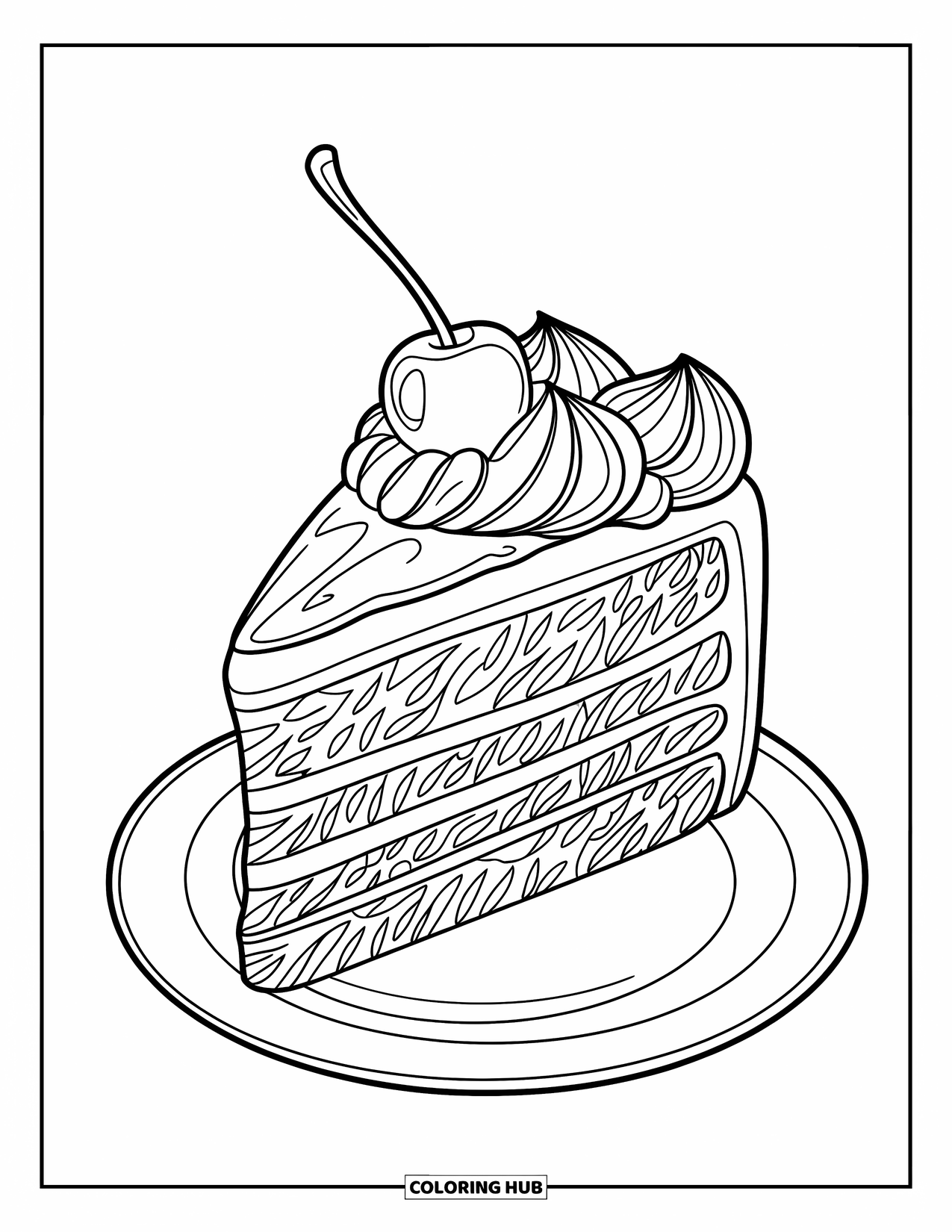 Kleurplaat taart voor kinderen: Een stuk taart met gedraaid glazuur, een kers erop, geplaatst op een wit bord