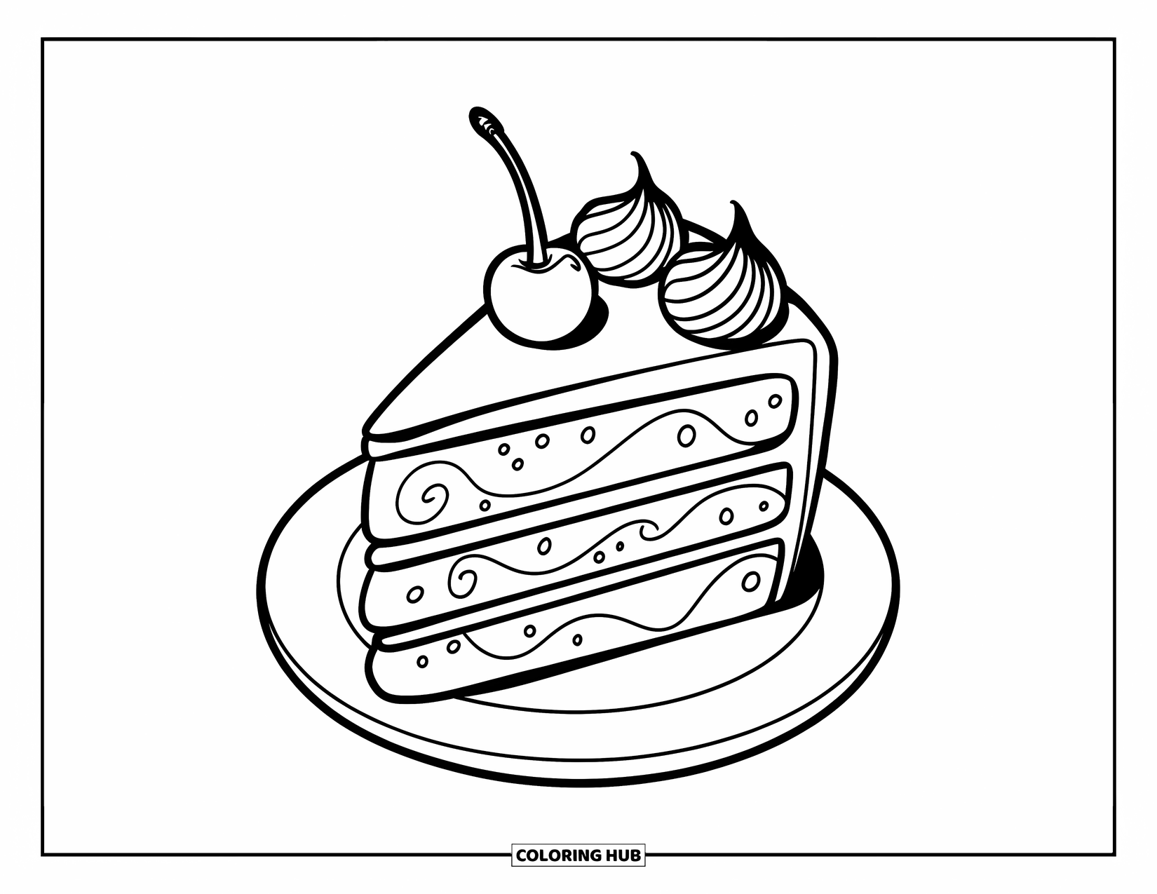 Kleurplaat taart voor kinderen: Een stuk taart met gedraaid glazuur en een kers erop, geplaatst op een bord