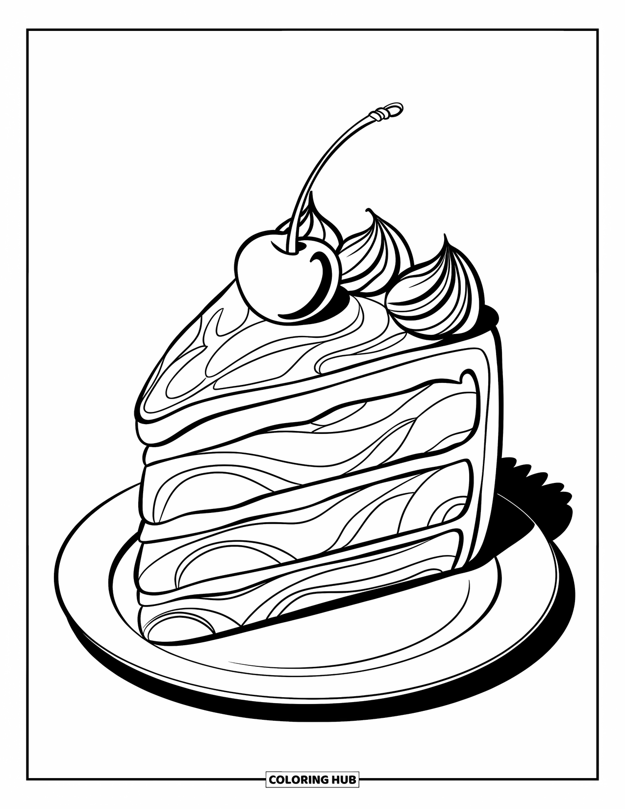 Kleurplaat taart voor kinderen: Een stuk taart met gedraaid glazuur en een kers erop, geplaatst op een wit bord