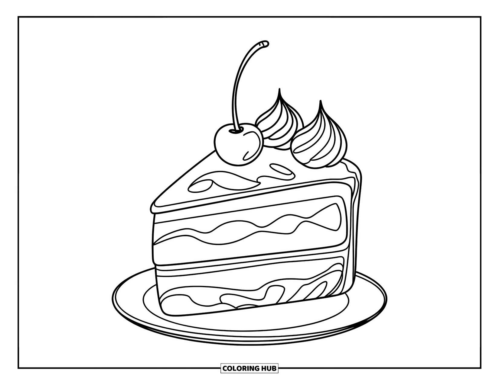 Kleurplaat taart voor kinderen: Een stuk taart met gedraaid glazuur en een kers erop, zonder schaduw