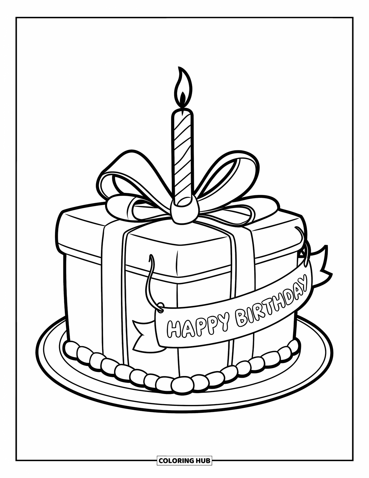 Kleurplaat taart voor kinderen: Een kleine vierkante taart met een lint, een "Happy Birthday" banner en een enkele kaars