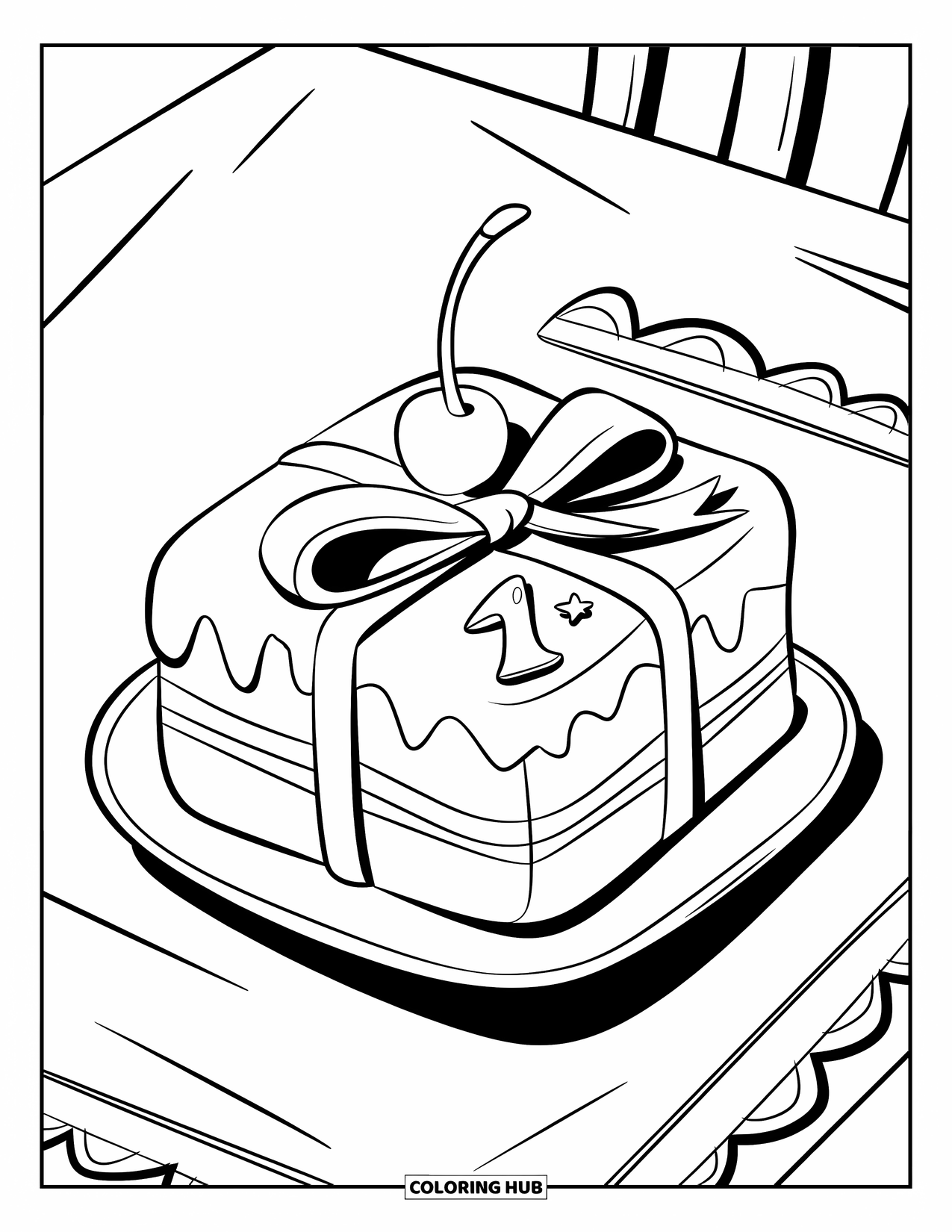 Kleurplaat taart voor kinderen: Een kleine vierkante taart met een lint, nummer "1" geschreven in glazuur en een kers erop