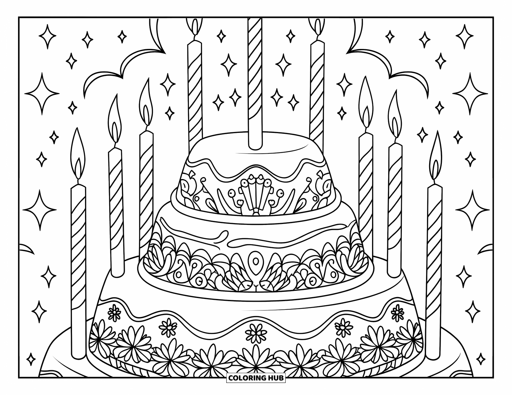 Kleurplaat taart voor kinderen: Een taart met drie lagen met bloemenglazuur, wervelingen en elegante kaarsen op een standaard