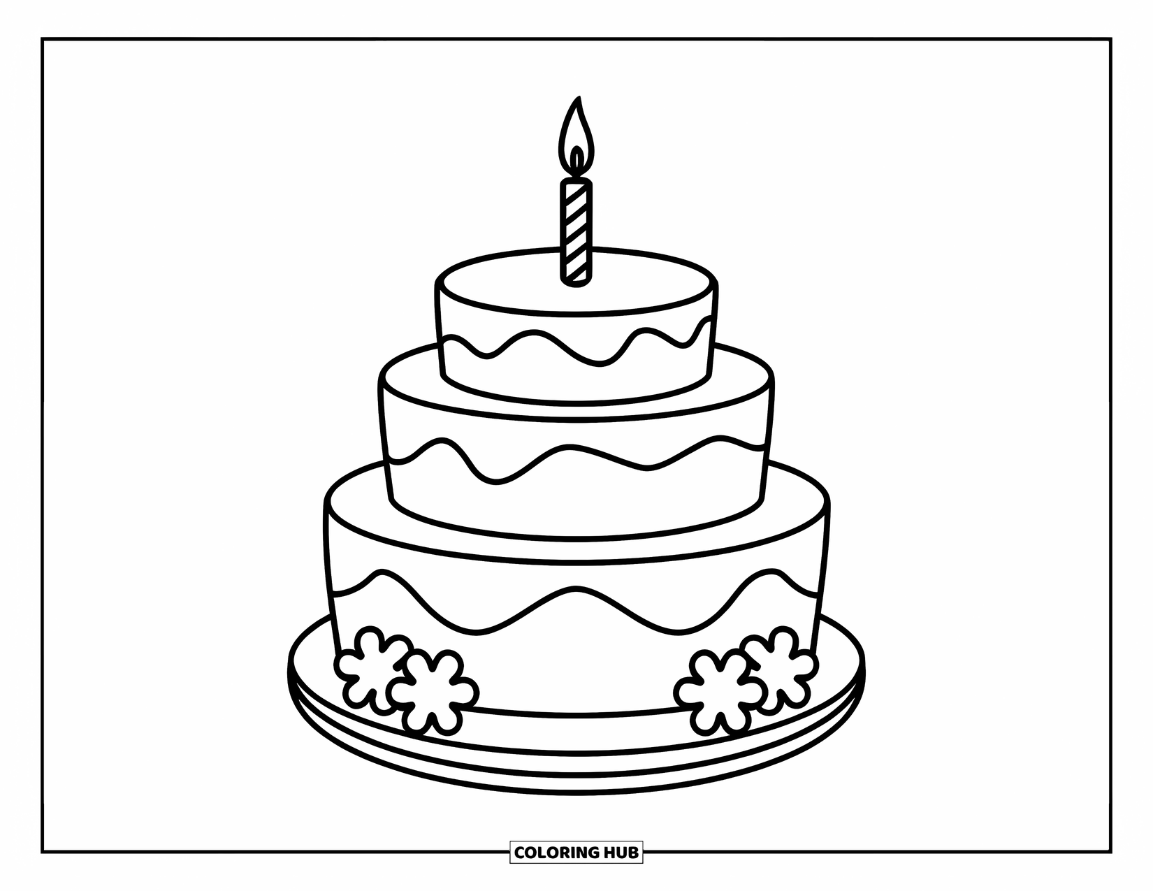 Kleurplaat van een taart voor kinderen: Een taart van drie verdiepingen met gladde randen, een kaars erop en twee bloemen van glazuur