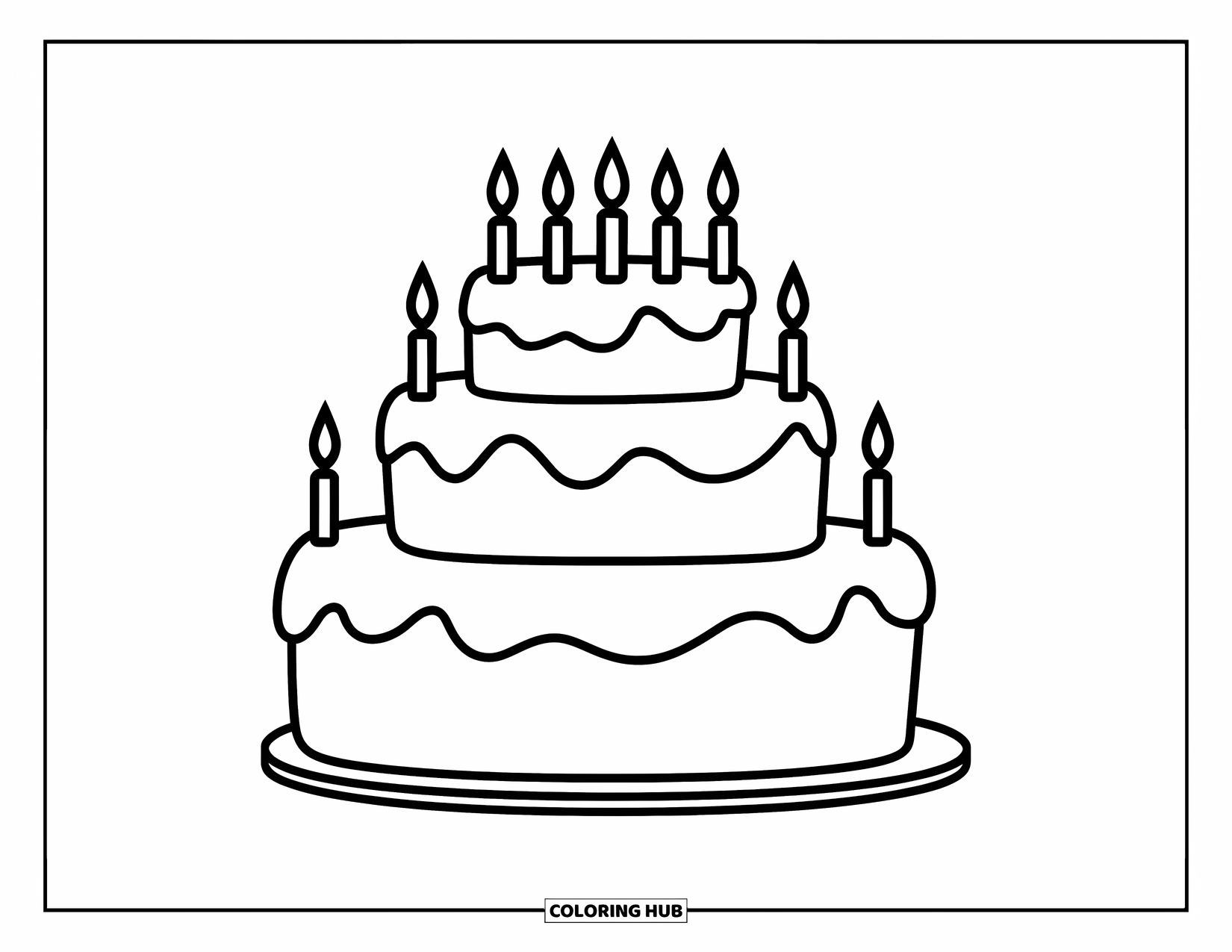 Kleurplaat taart voor kinderen: Een taart met drie lagen met gladde randen, kaarsen en grote delen