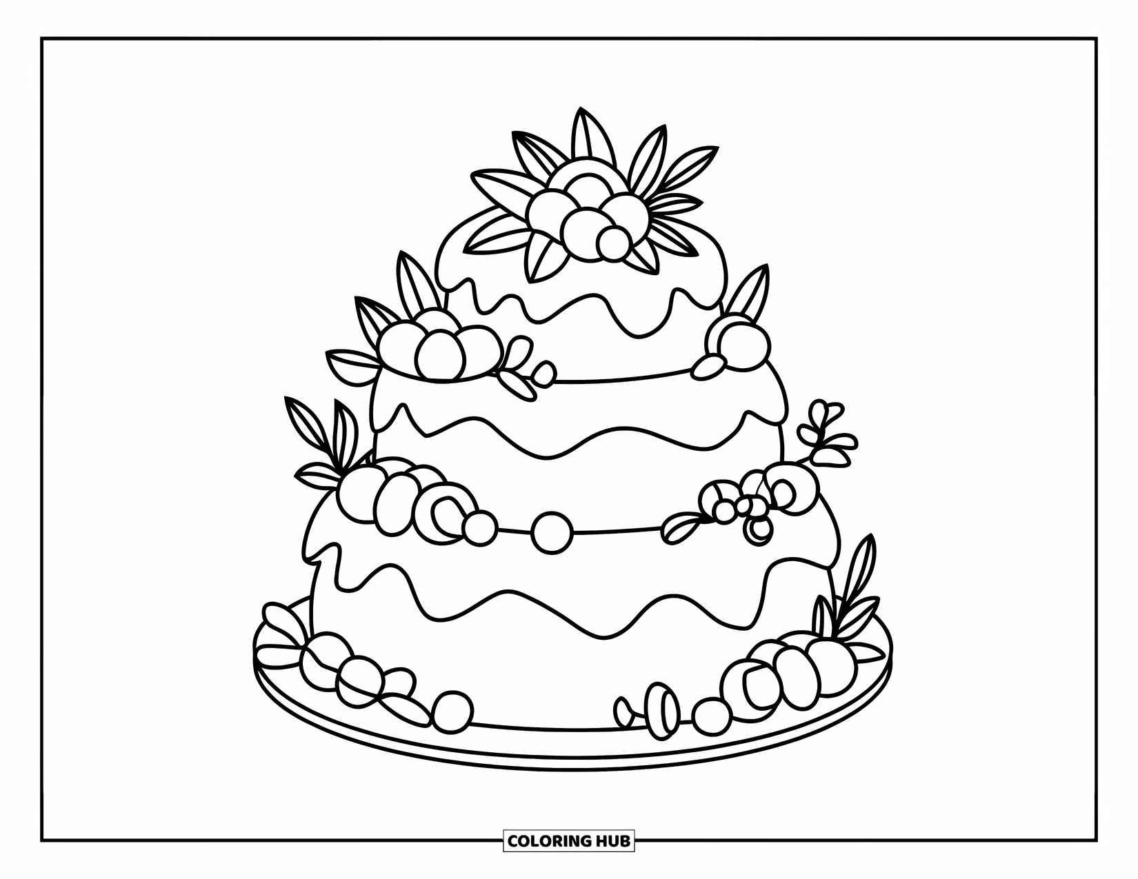Kleurplaat taart voor kinderen: Een taart met drie lagen met gladde randen, bloemen, bladeren, linten en snoepjes verspreid