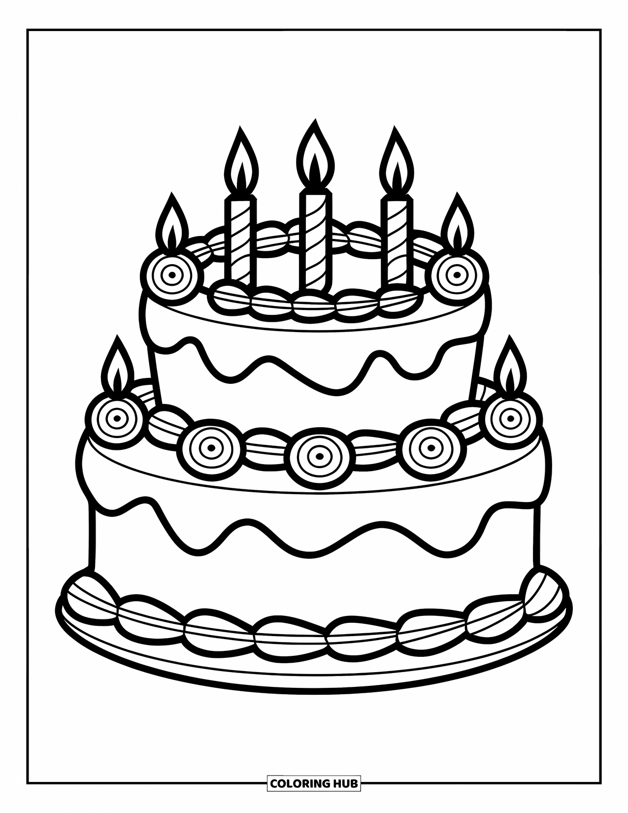 Kleurplaat taart voor kinderen: Een verjaardagstaart met twee lagen met glazuurwervelingen, vier kaarsen en boeiende details op een bord