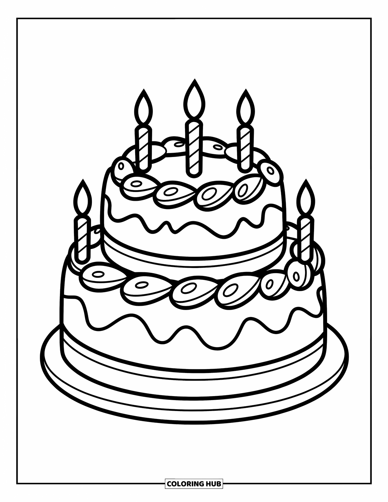 Kleurplaat taart voor kinderen: Een verjaardagstaart met twee lagen met glazuurwervelingen, vier kaarsen en geplaatst op een standaard