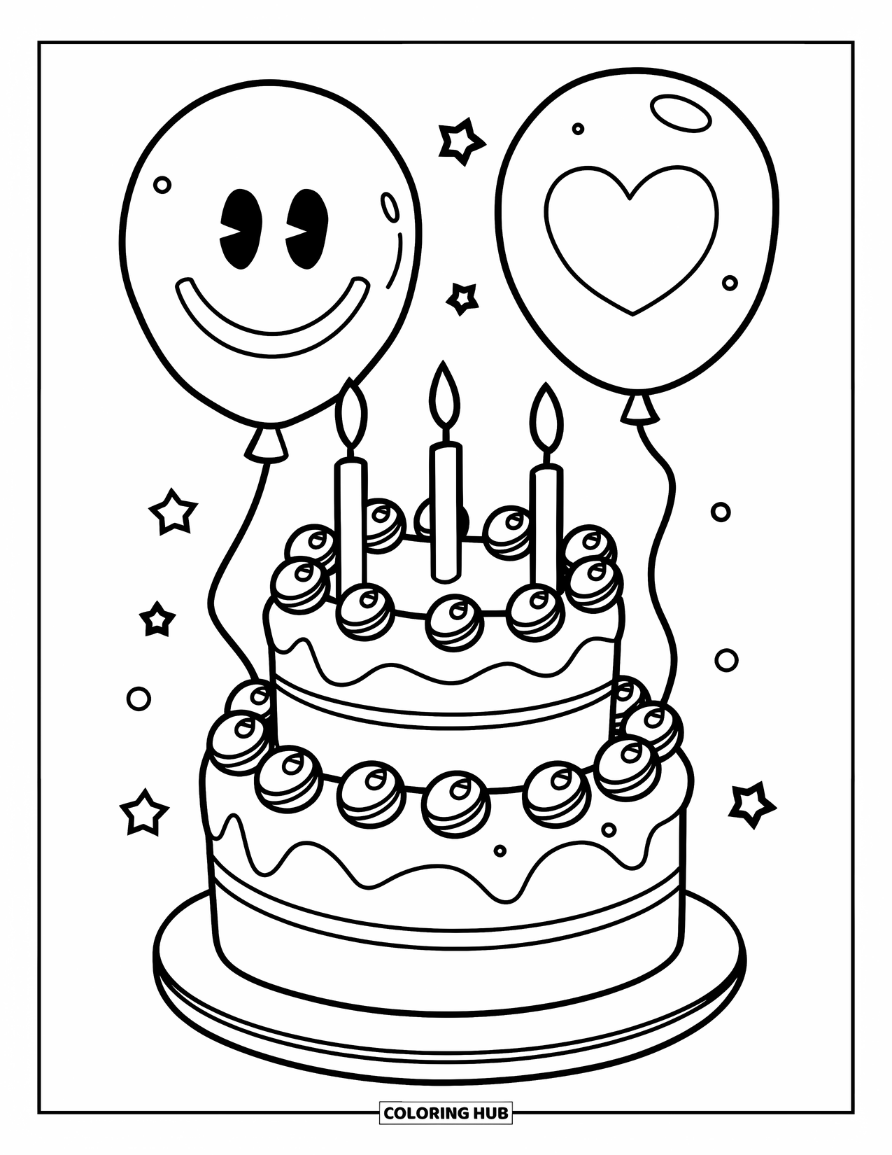 Kleurplaat taart voor kinderen: Een verjaardagstaart met twee lagen met glazuurwervelingen, vier kaarsen en twee ballonnen