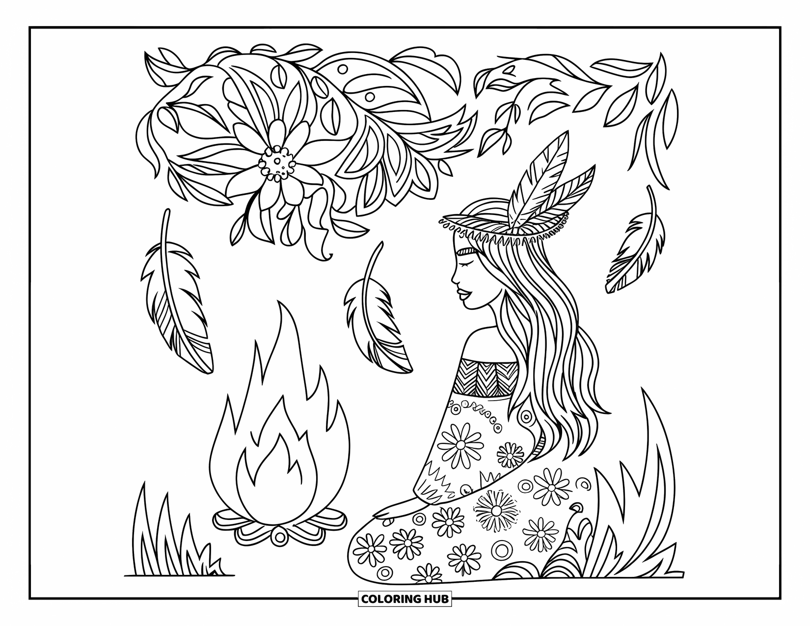 Kampvuur Kleurplaat voor Volwassenen: Een kampvuurscène in boho-stijl met veren, bloempatronen en rustieke charme