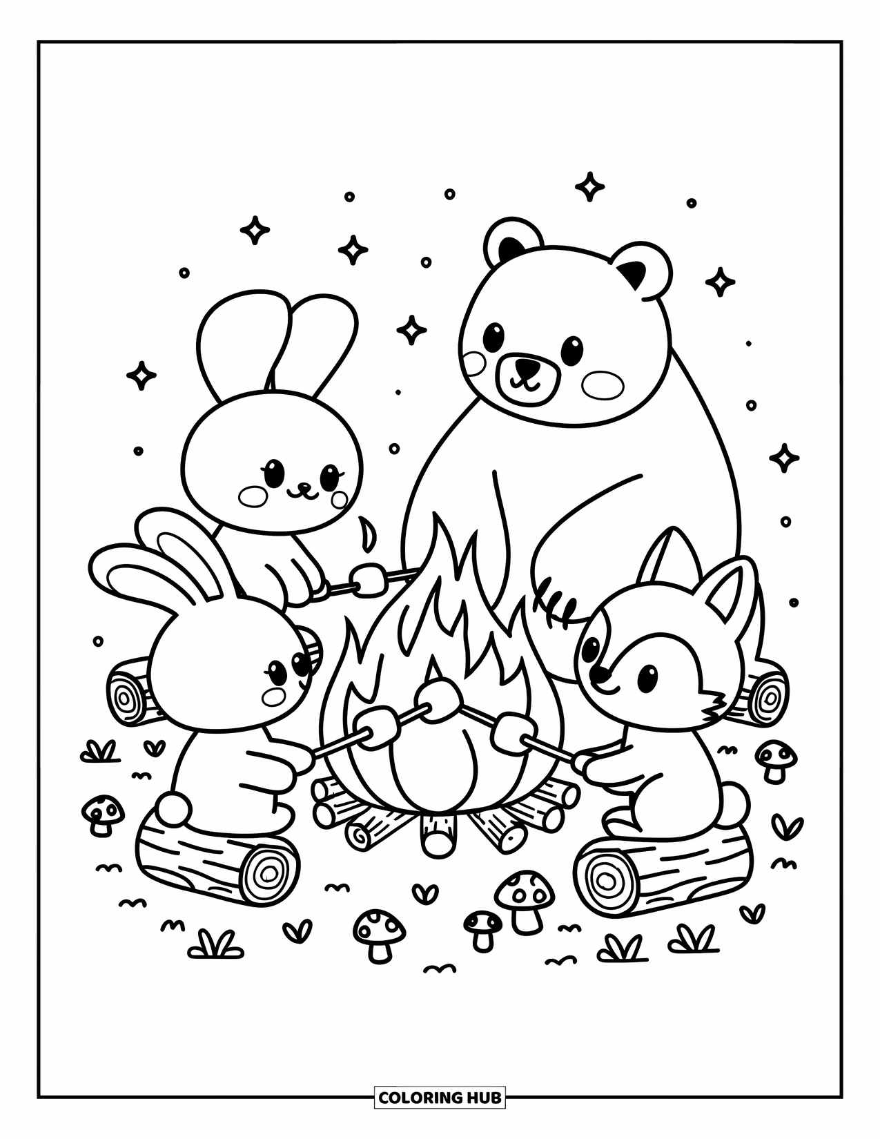 Kleurplaat Kampvuur voor Volwassenen: Een konijn, beer en vos zitten op boomstammen en roosteren marshmallows boven een zacht, gloeiend vuur