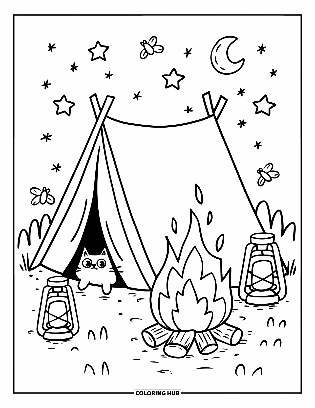 Kleurplaat Kampvuur voor Volwassenen: Een charmante tentscène met een flikkerend kampvuur, een nieuwsgierige kat en een gloeiende maan