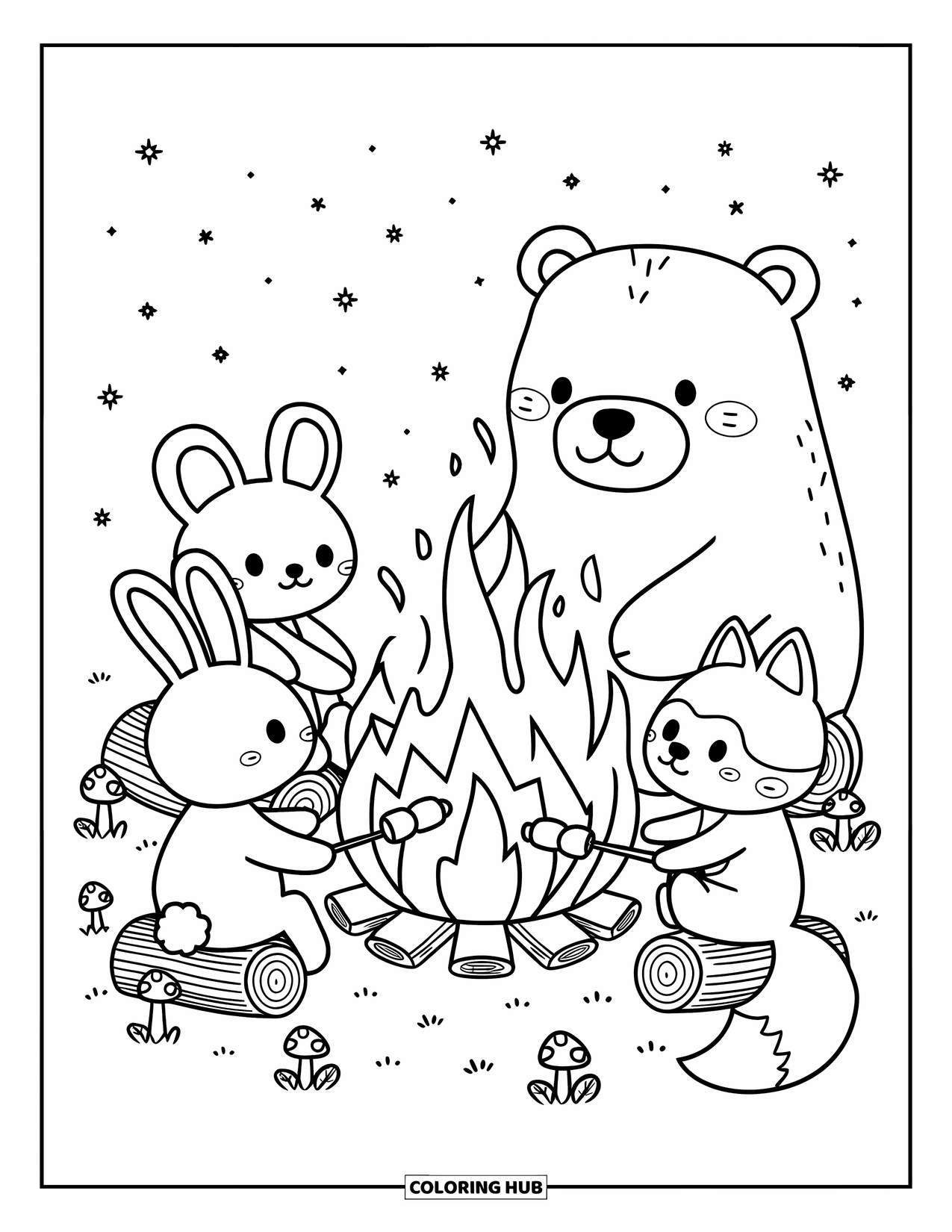 Kleurplaat Kampvuur voor Volwassenen: Een gezellig dierenkampvuur waar bosvrienden marshmallows roosteren onder een sterrenhemel