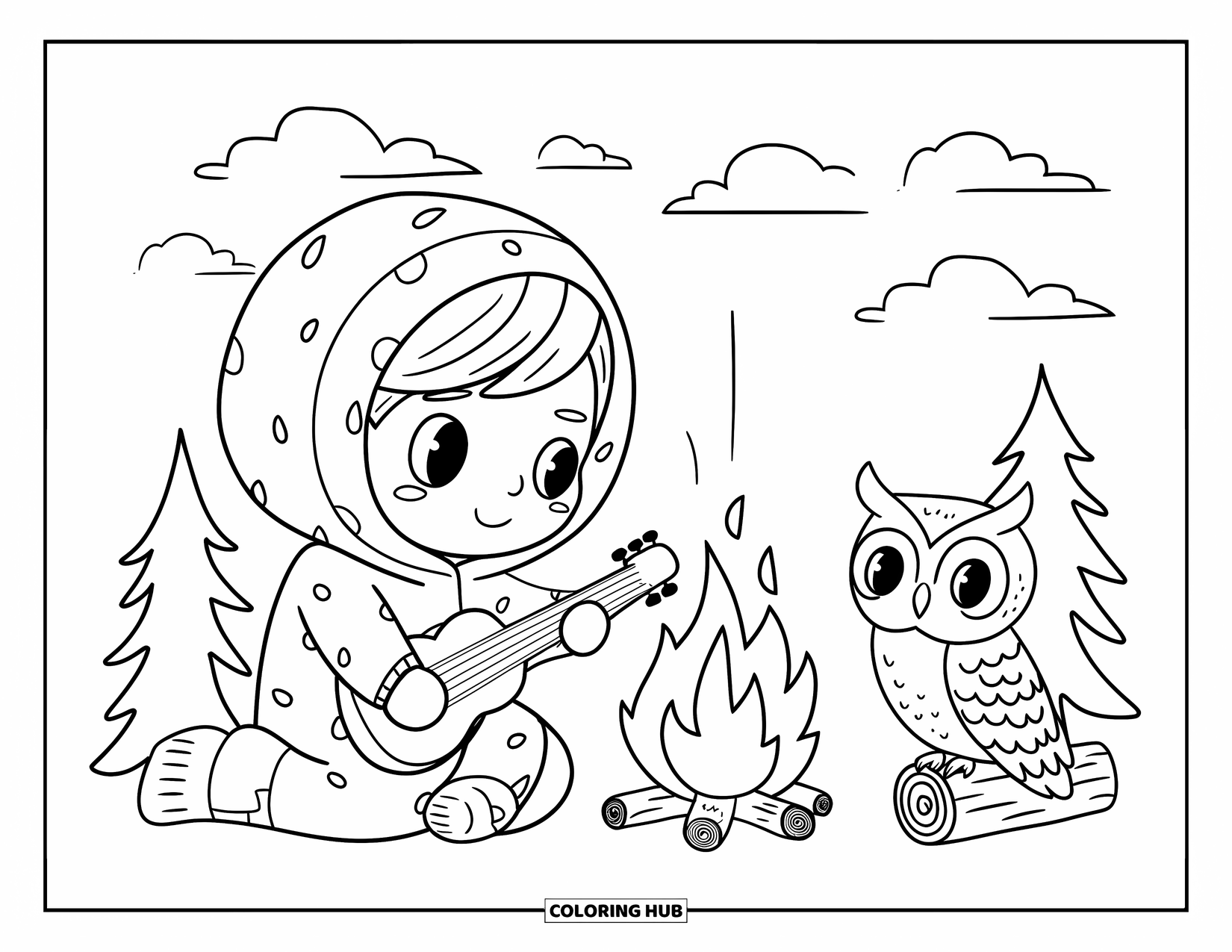 Kleurplaat Kampvuur voor Volwassenen: Een gezellige kampvuurscène waar een chibi-kind op een gitaar tokkelt terwijl een uil zijn hoofd schuin houdt