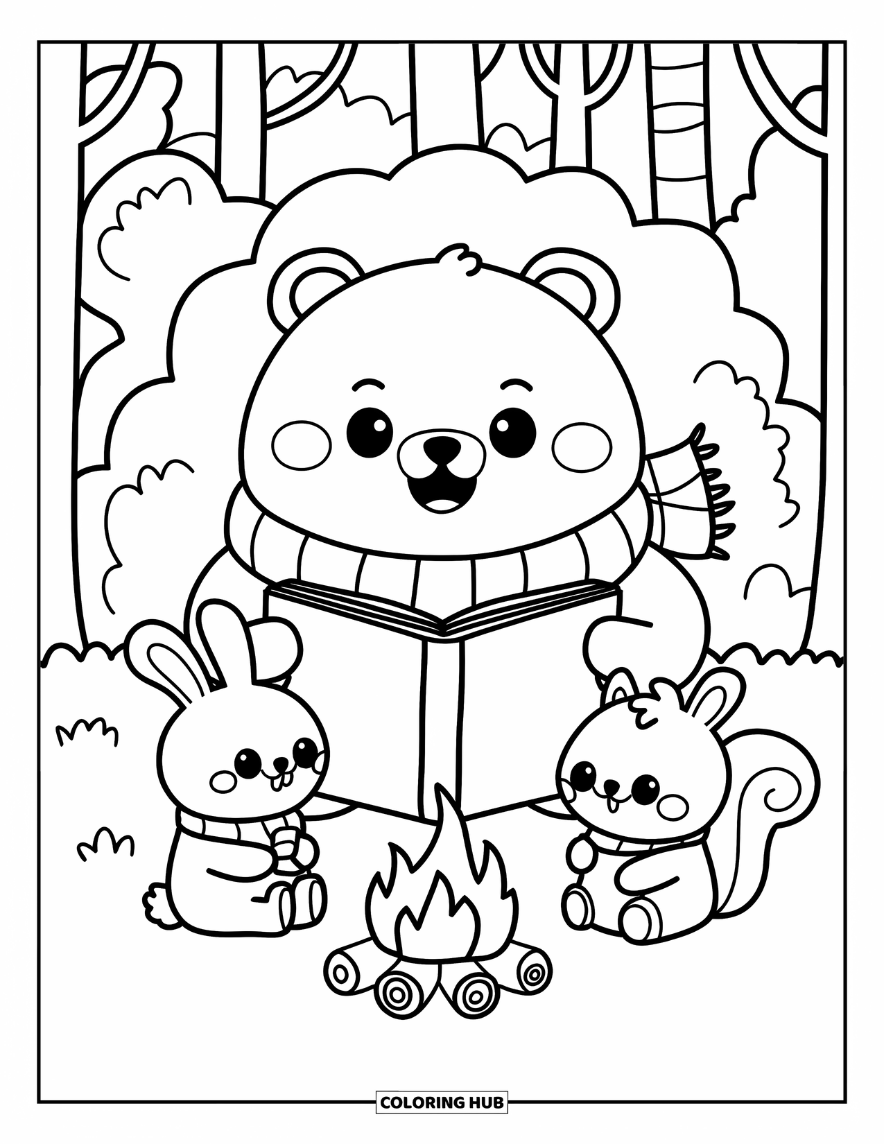 Kleurplaat Kampvuur voor Volwassenen: Een gezellig moment bij het vuur met een beer, konijn en eekhoorn die genieten van een verhaaltje voor het slapengaan