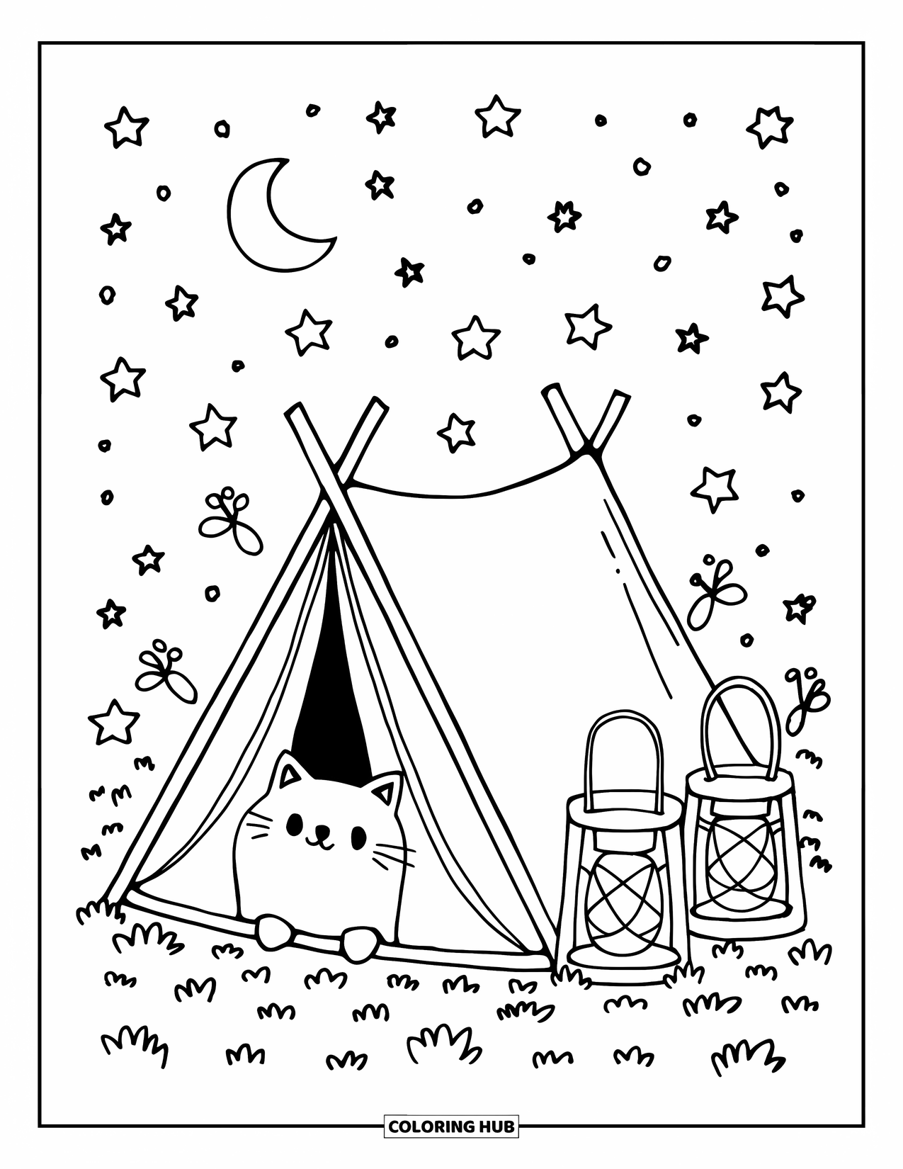 Kleurplaat Kampvuur voor Volwassenen: Een gezellige nacht waar een dikke kat vuurvliegjes ziet dansen vanuit de warmte van zijn tent