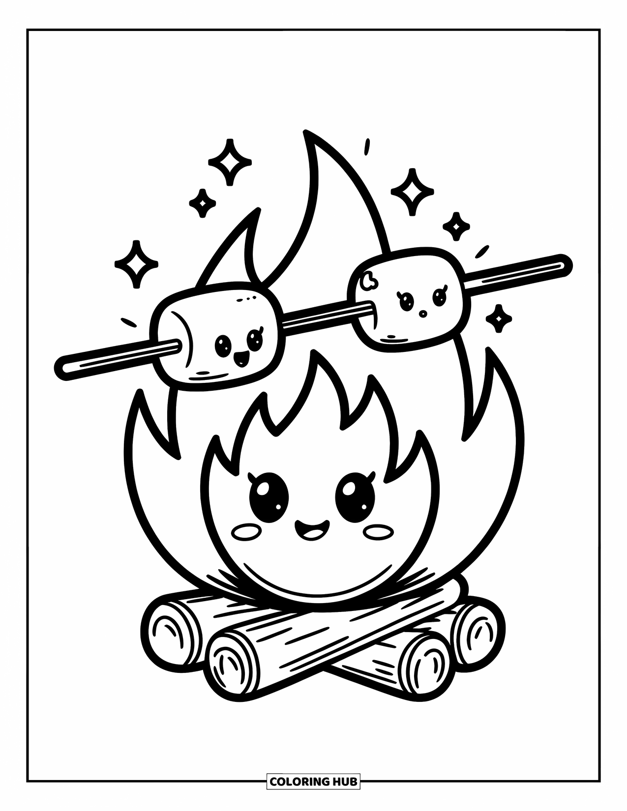 Kleurplaat Kampvuur voor Volwassenen: Een schattige marshmallow-roosterscène waar het vuur en de traktaties vriendelijke gezichten delen