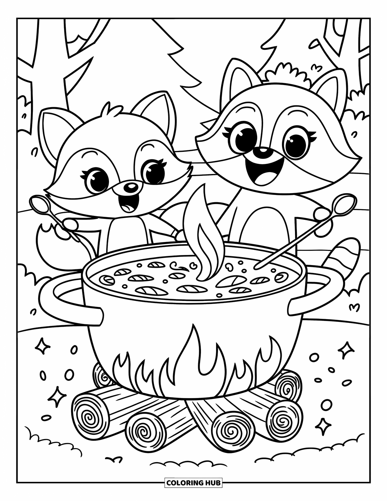 Kleurplaat Kampvuur voor Volwassenen: Een schattige kookscène in de buitenlucht met een vrolijke soeppot, glitters en enthousiaste bosvrienden