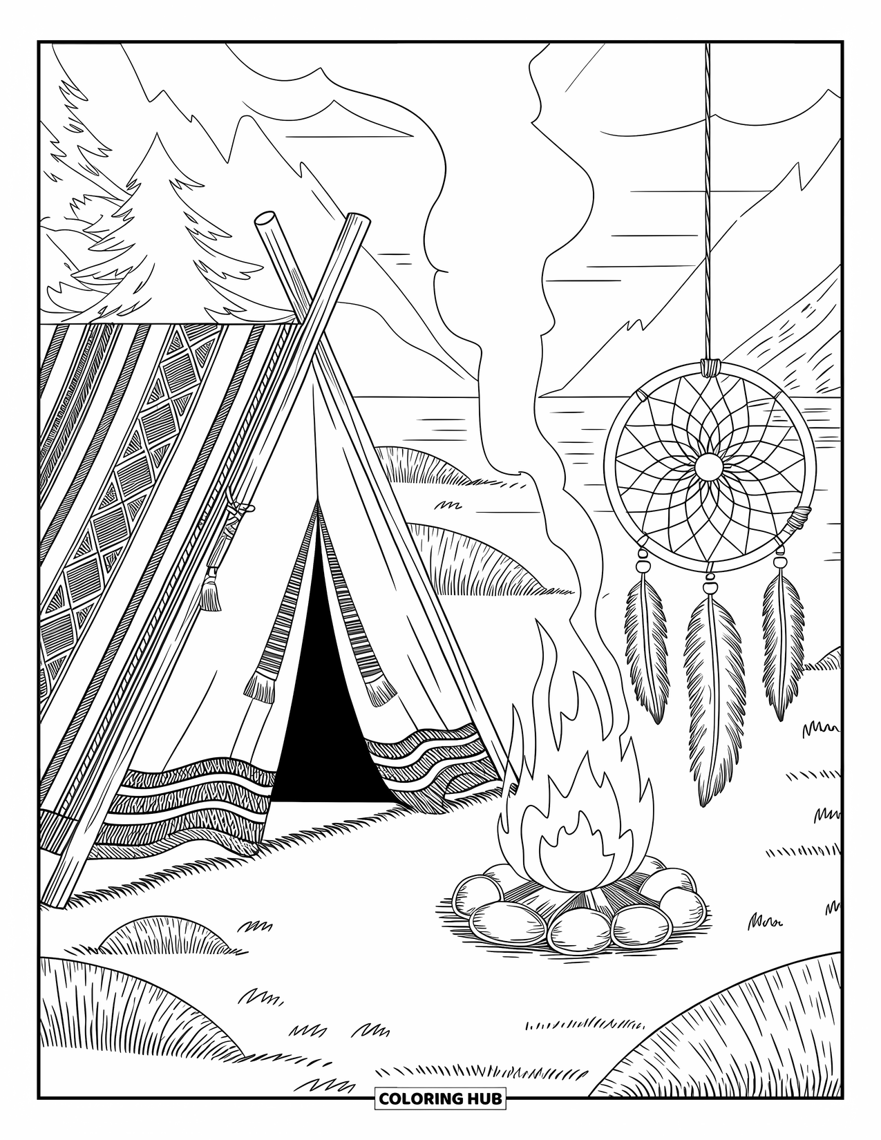 Kampvuur Kleurplaat voor Volwassenen: Een decoratieve tent met sterpatronen, een warm vuur en een serene natuurlijke achtergrond