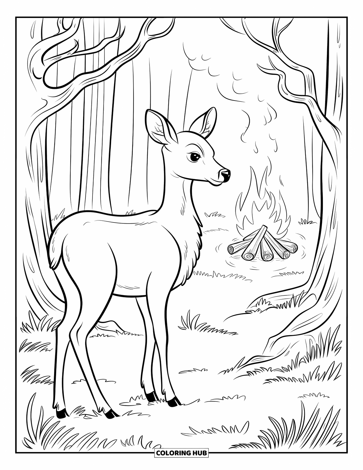 Kampvuur Kleurplaat voor Volwassenen: Een zachtaardig hert staart naar een flikkerend vuur, genesteld in een artistiek bos