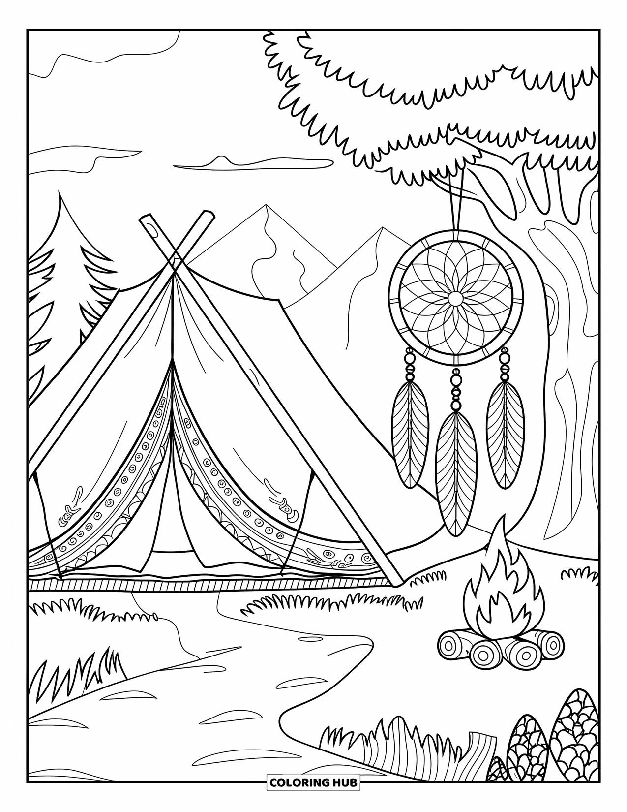 Kampvuur Kleurplaat voor Volwassenen: Een zeer gedetailleerde tent met geborduurde stof, een gloeiend kampvuur en een dromenvanger