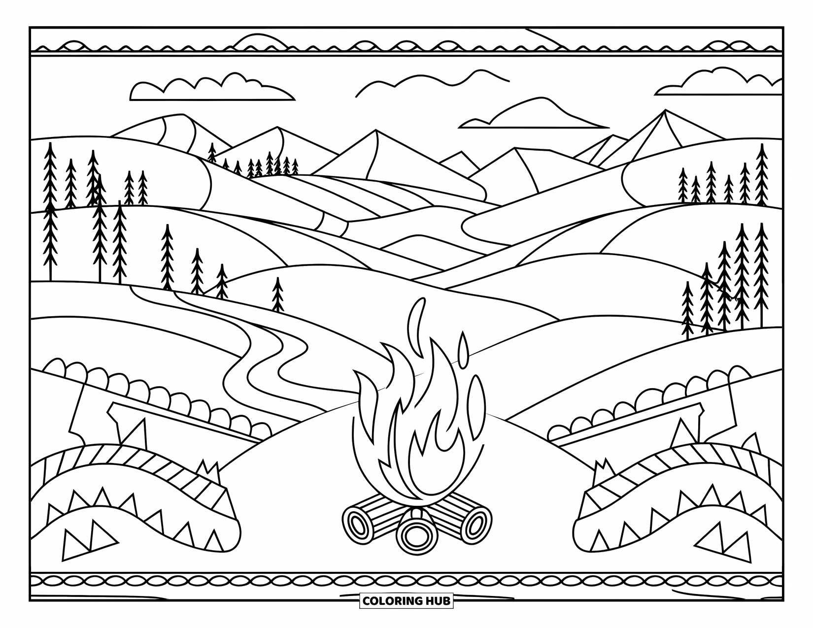 Kampvuur Kleurplaat voor Volwassenen: Een gelaagd landschap met glooiende heuvels, een kronkelende rivier en een kampvuur op de voorgrond