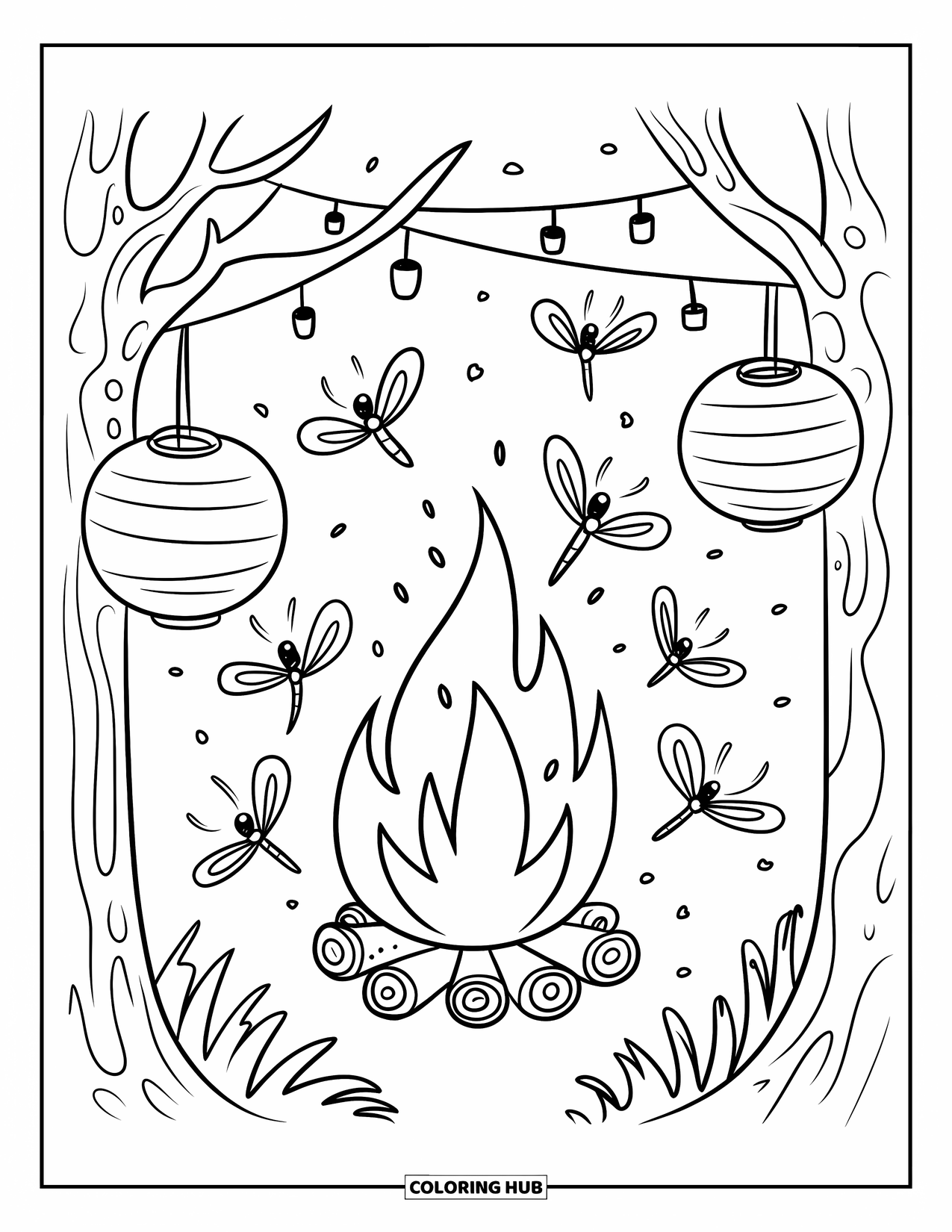 Kleurplaat Kampvuur voor Volwassenen: Een magische campingscène waar vuurvliegjes twinkelen rond een warm vuur onder lantaarnlichten