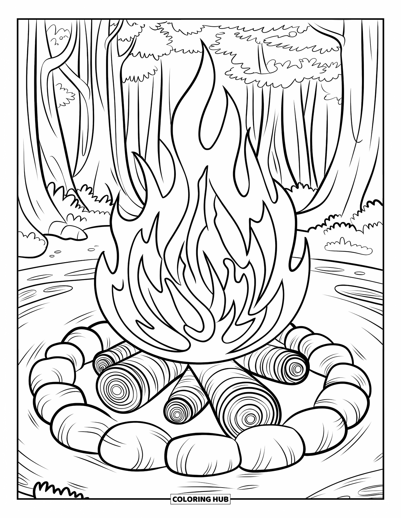 Kampvuur Kleurplaat voor Volwassenen: Een kampvuurscène in mandala-stijl met wervelende vlammen en decoratieve blokken