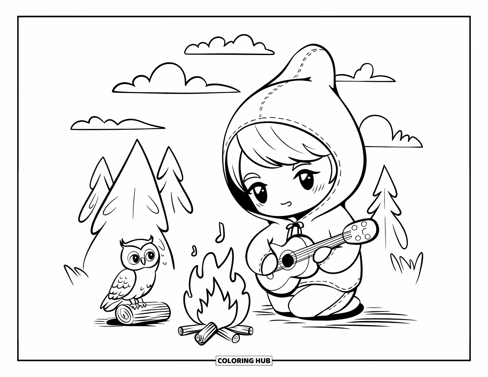 Kleurplaat Kampvuur voor Volwassenen: Een vredig kampvuurmoment met een chibi-kind dat gitaar speelt en een uil die nieuwsgierig toekijkt