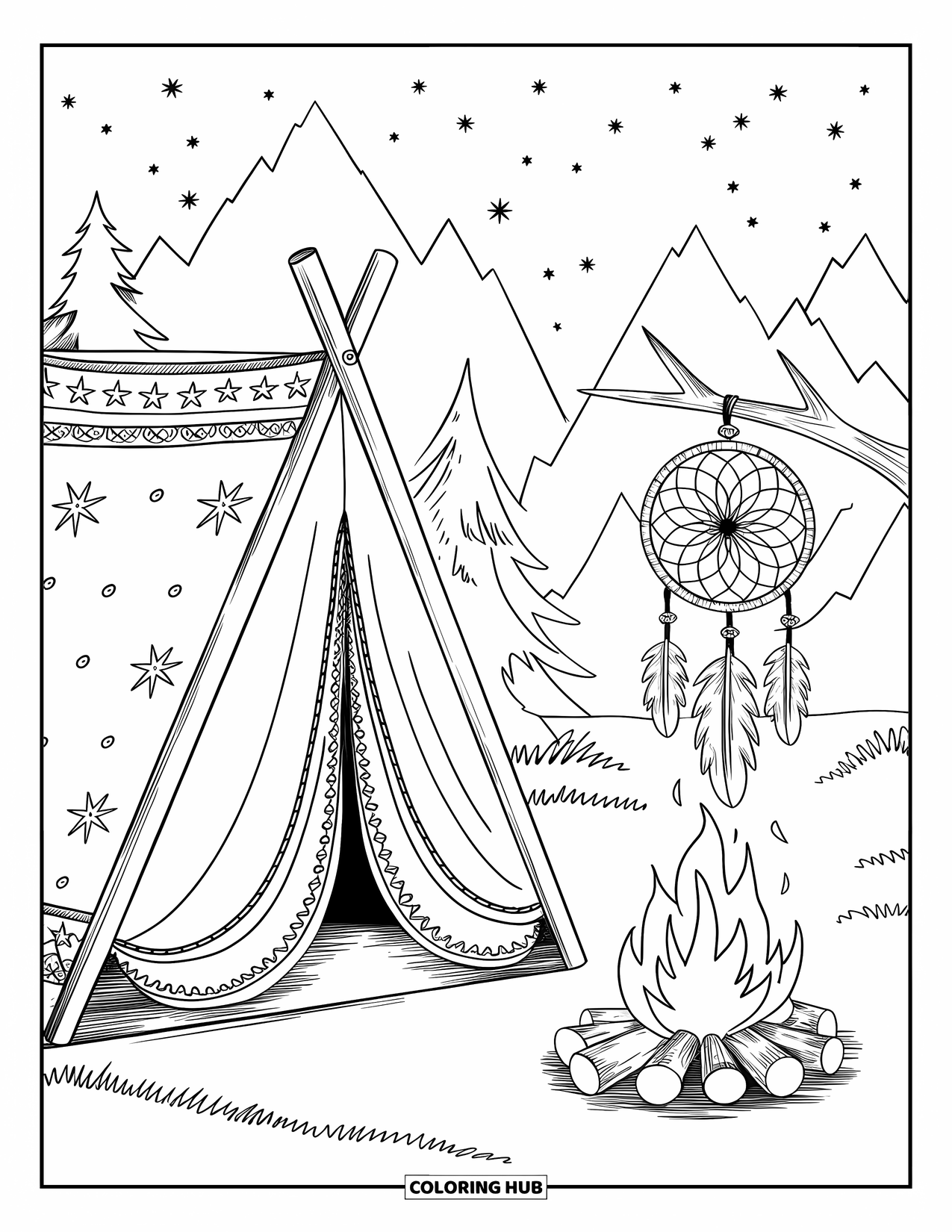 Kampvuur Kleurplaat voor Volwassenen: Een vredige camping met een sierlijke tent, een rustiek vuur en een dromenvanger die heen en weer zwaait